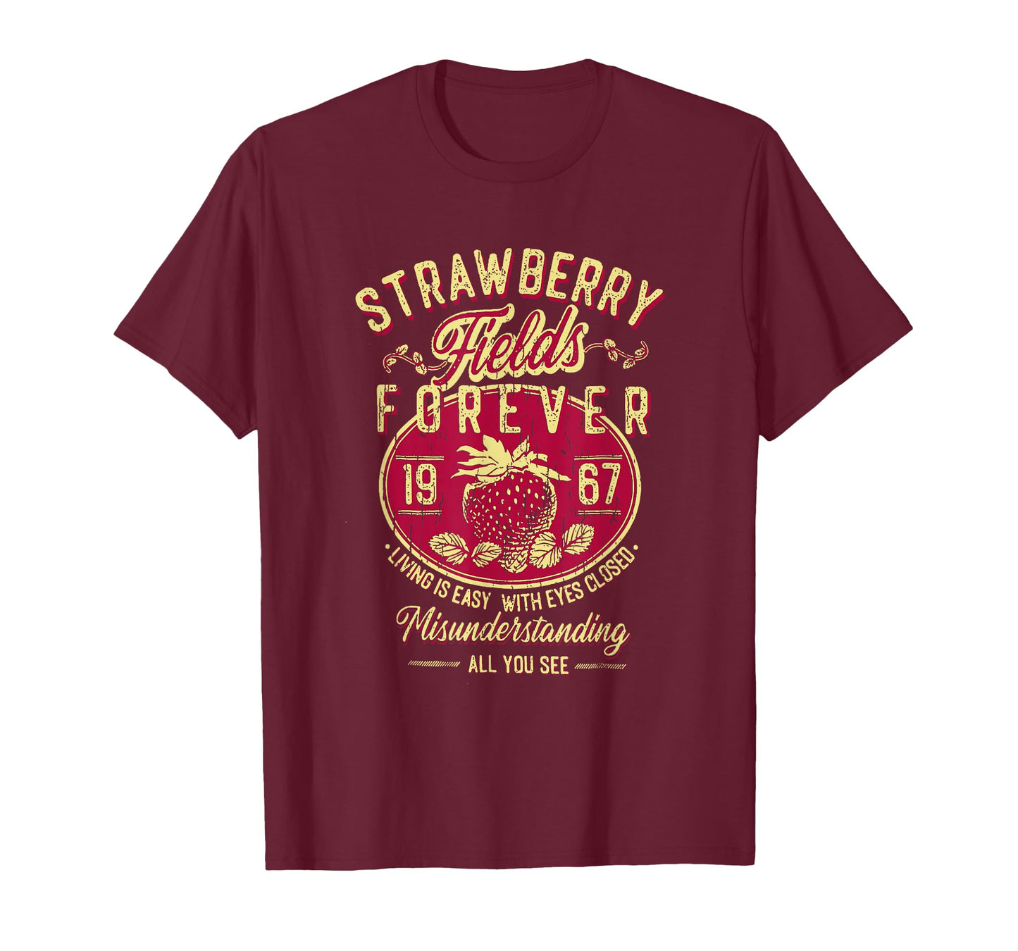 Is Easy With Eyes Closed Misunderstanding Strawberry Fields Forever Living, Retro Band T-Shirt, Small, Black