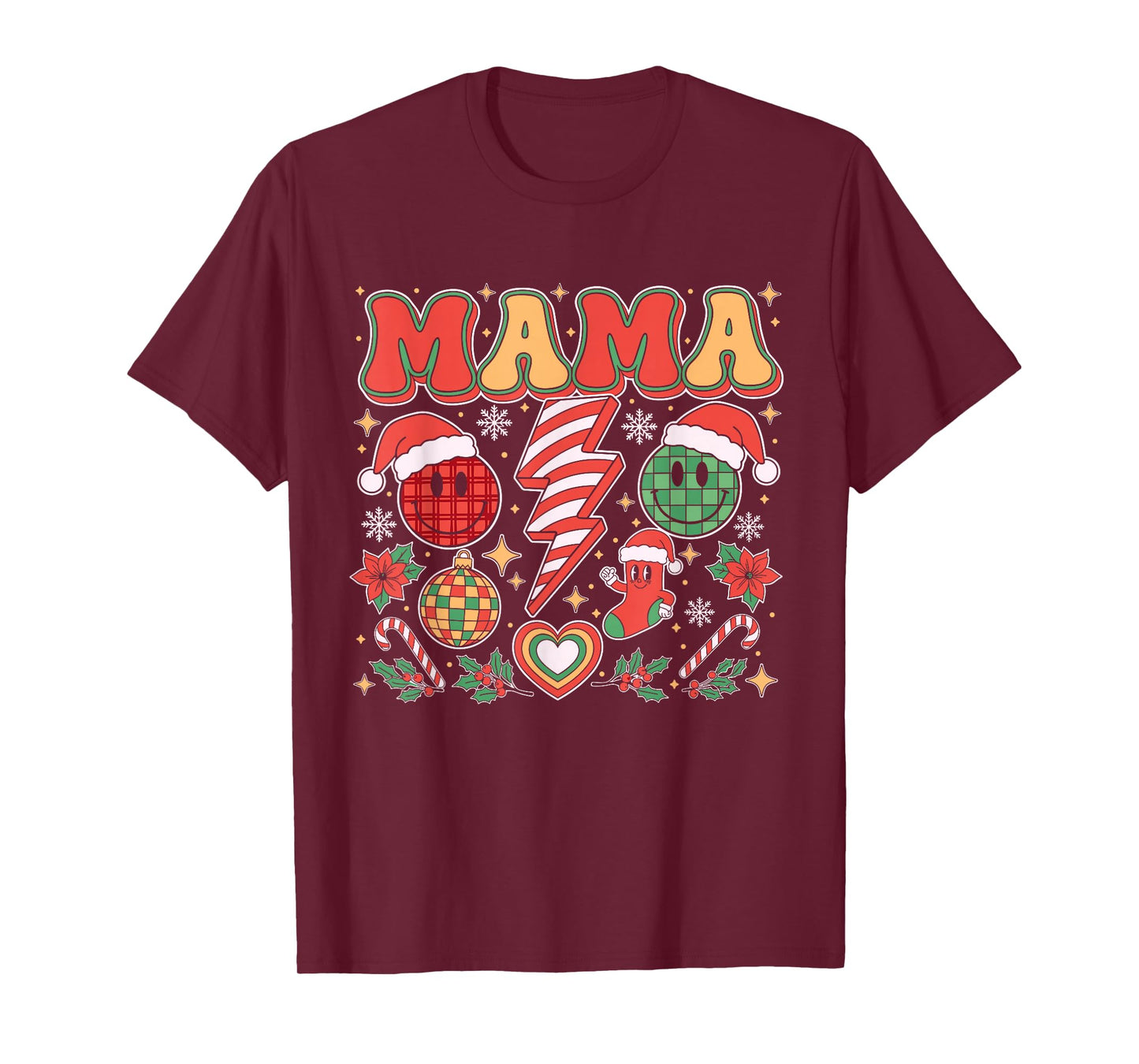 Retro Christmas Mama Family Matching Cute Santa Smile Face T-Shirt