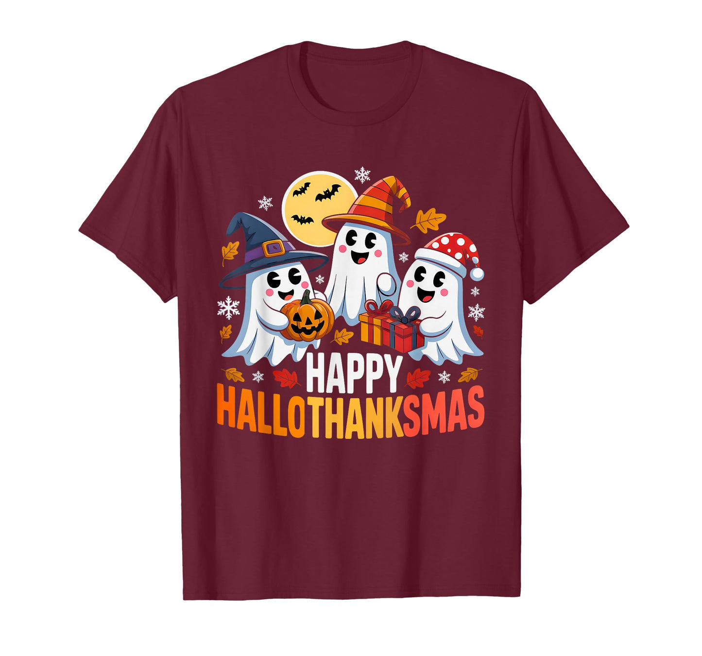 Happy Hallothanksmas Ghost Lover Halloween Merry Christmas T-Shirt