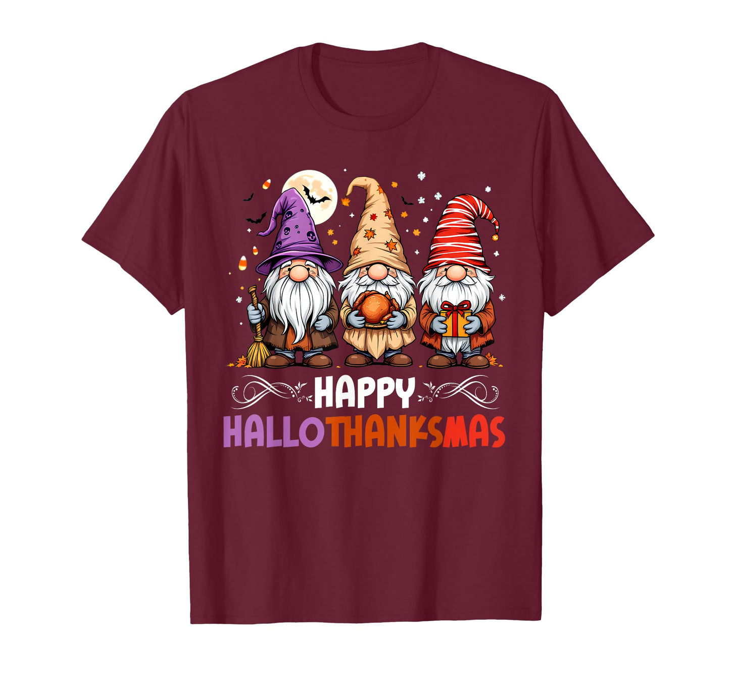 HalloThanksMas Gnomes Halloween Thanksgiving Christmas Happy T-Shirt