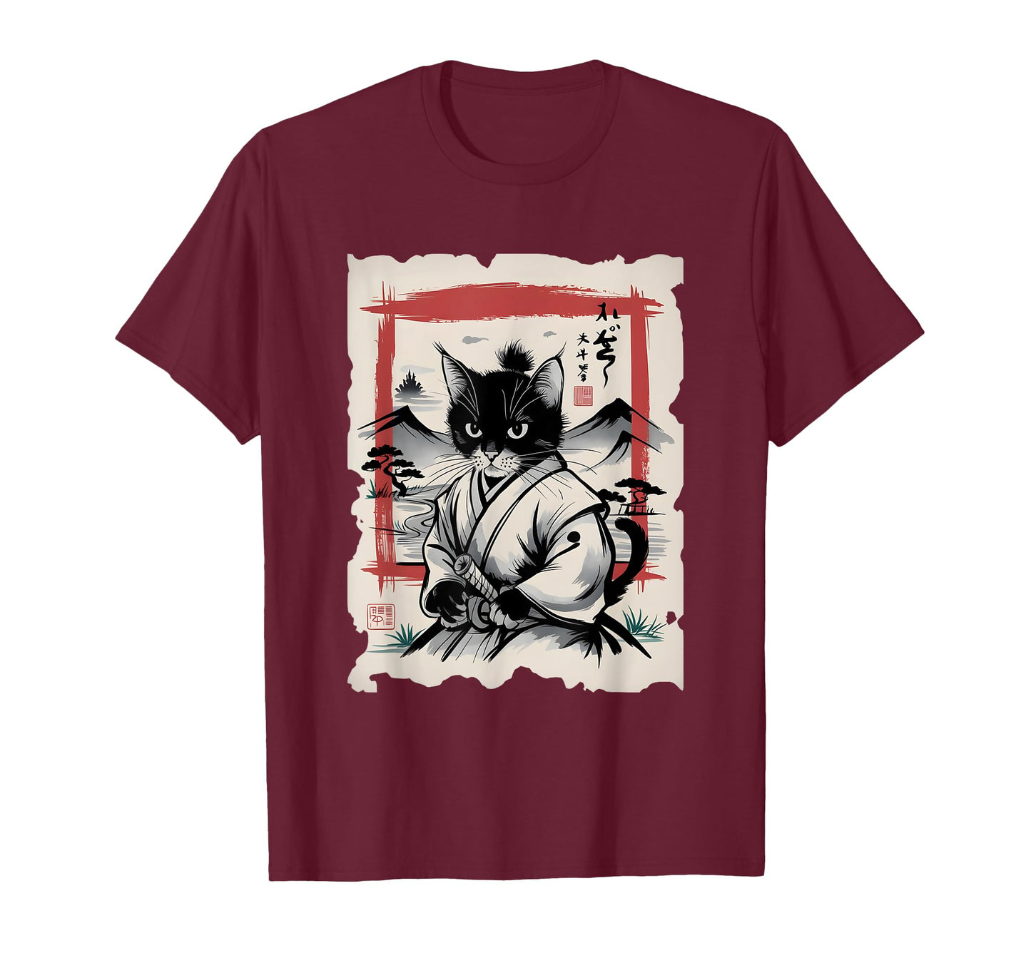 Samurai Cat Sumi-e Graphic - Vintage Warrior Japanese Art Men Women Girls Kids T-Shirt