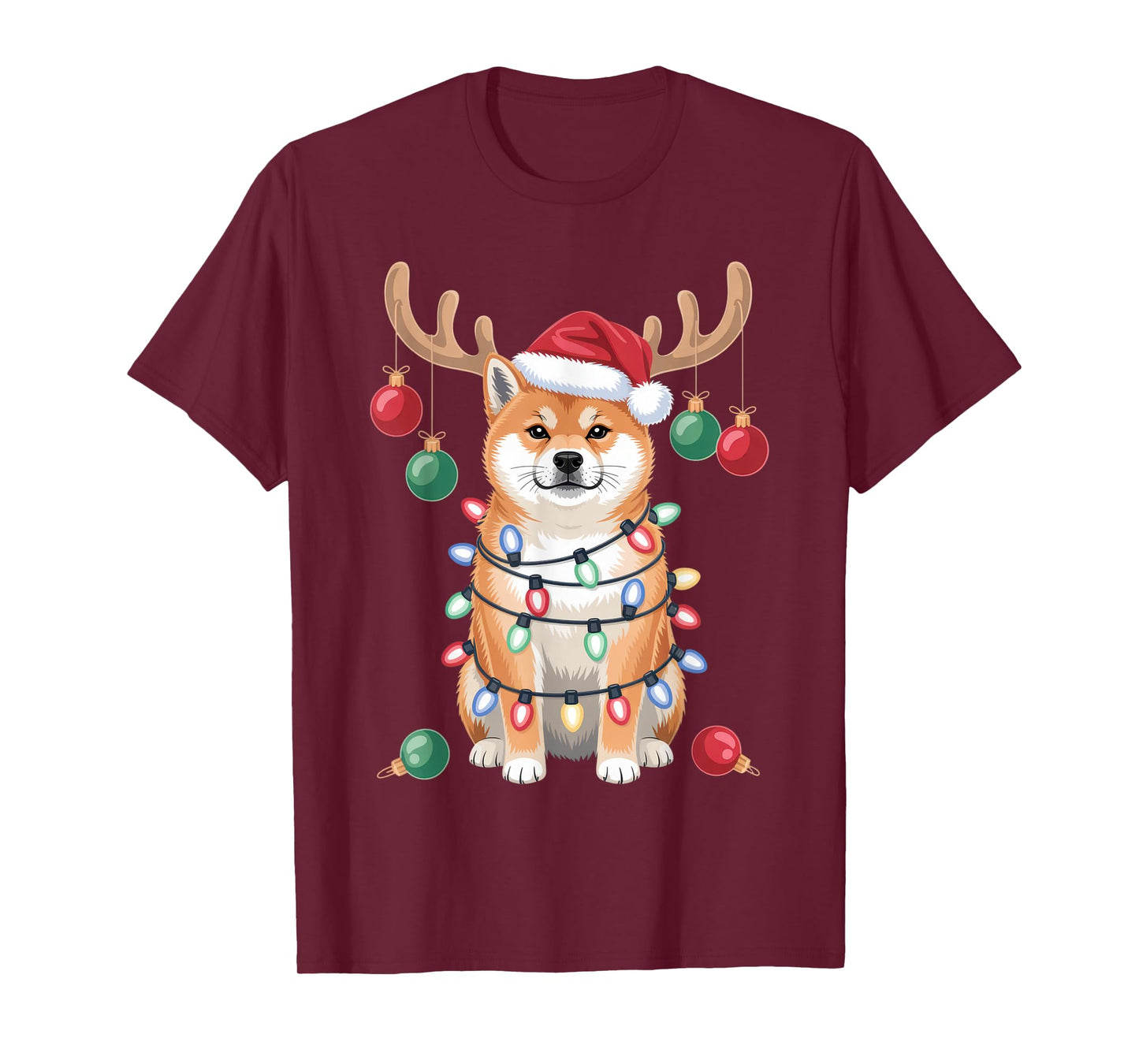 Funny Christmas Dog with Santa Hat and Holiday Lights T-Shirt