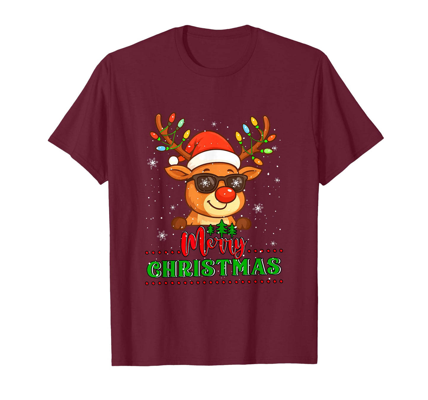 Merry Christmas Cute Reindeer Sunglasses Colorful Lights T-Shirt