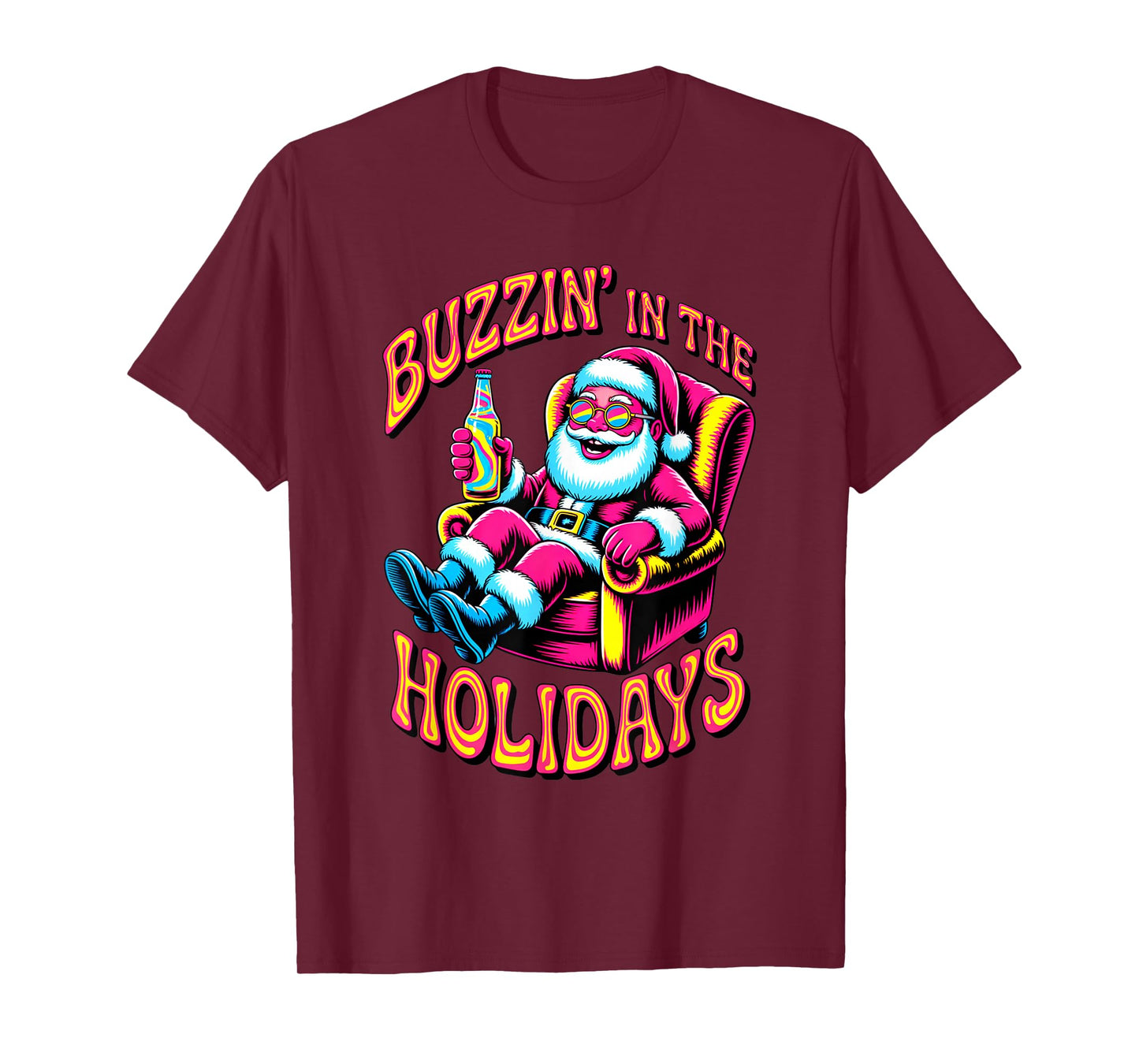 Psychedelic Drunk Santa Buzzing in Holidays Christmas Beer T-Shirt