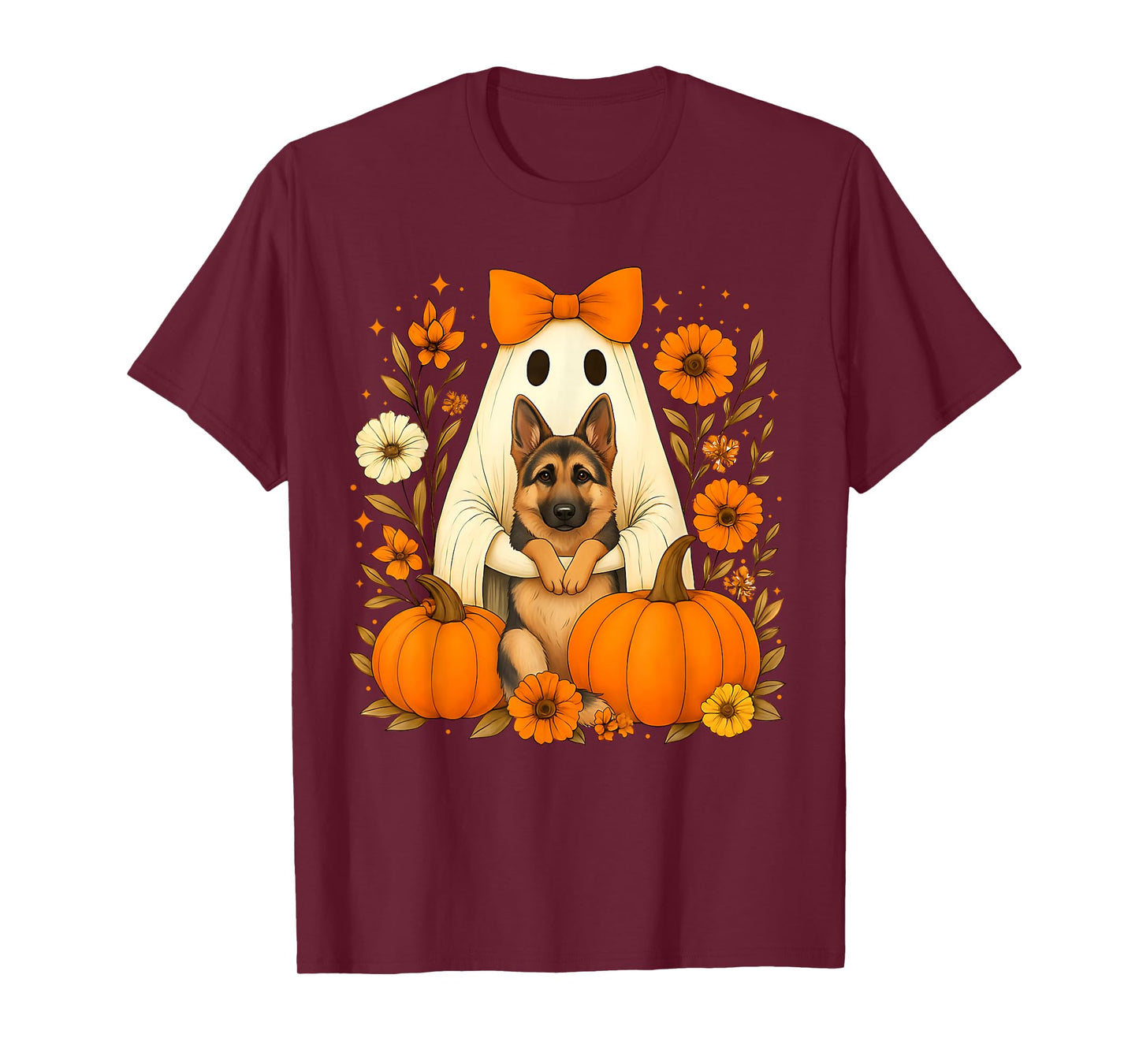 Vintage Halloween Ghost Holding German Shepherd Dog T-Shirt