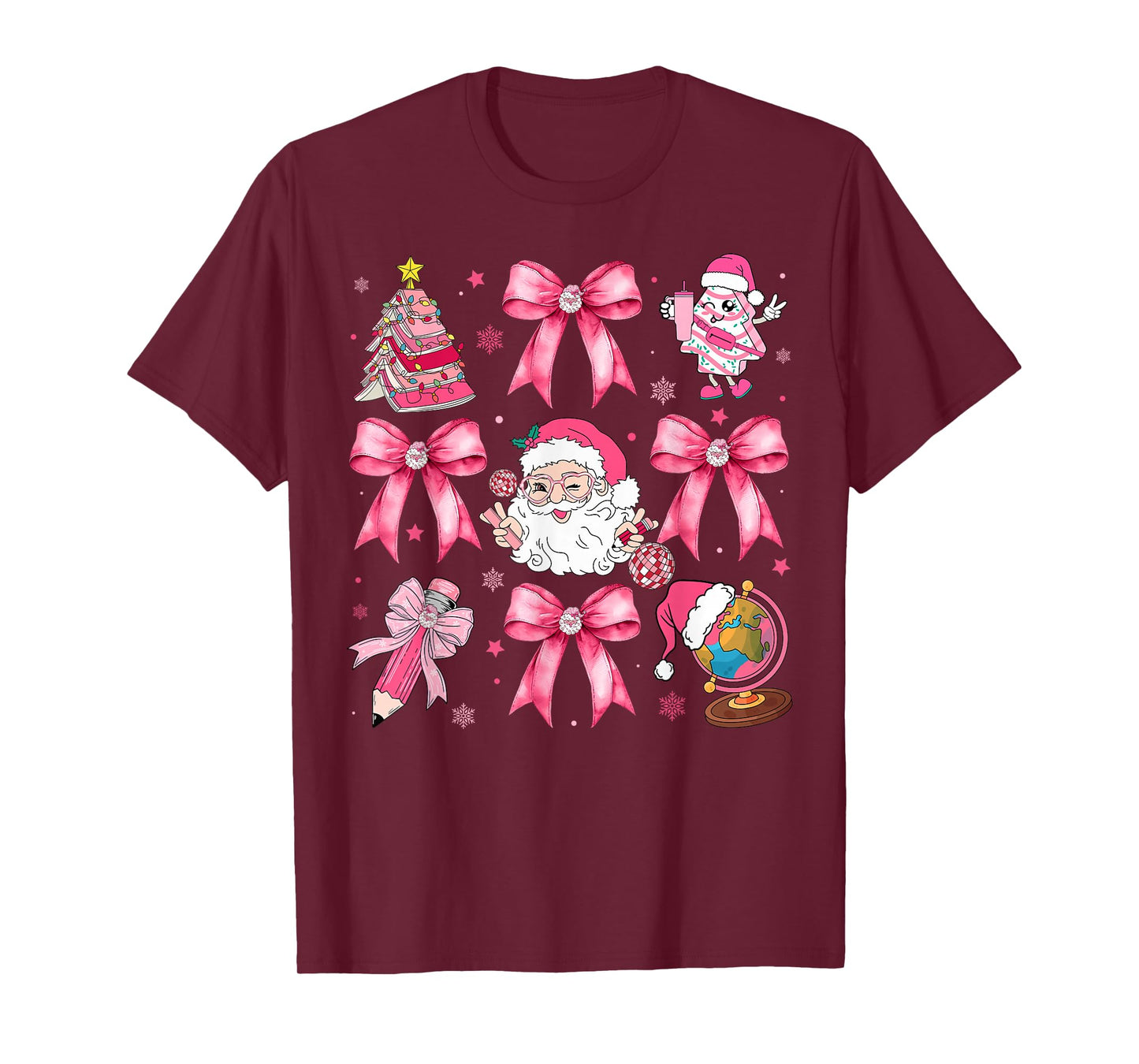 Merry Christmas Pink Santa Coquette Bow Teacher Girl Women T-Shirt