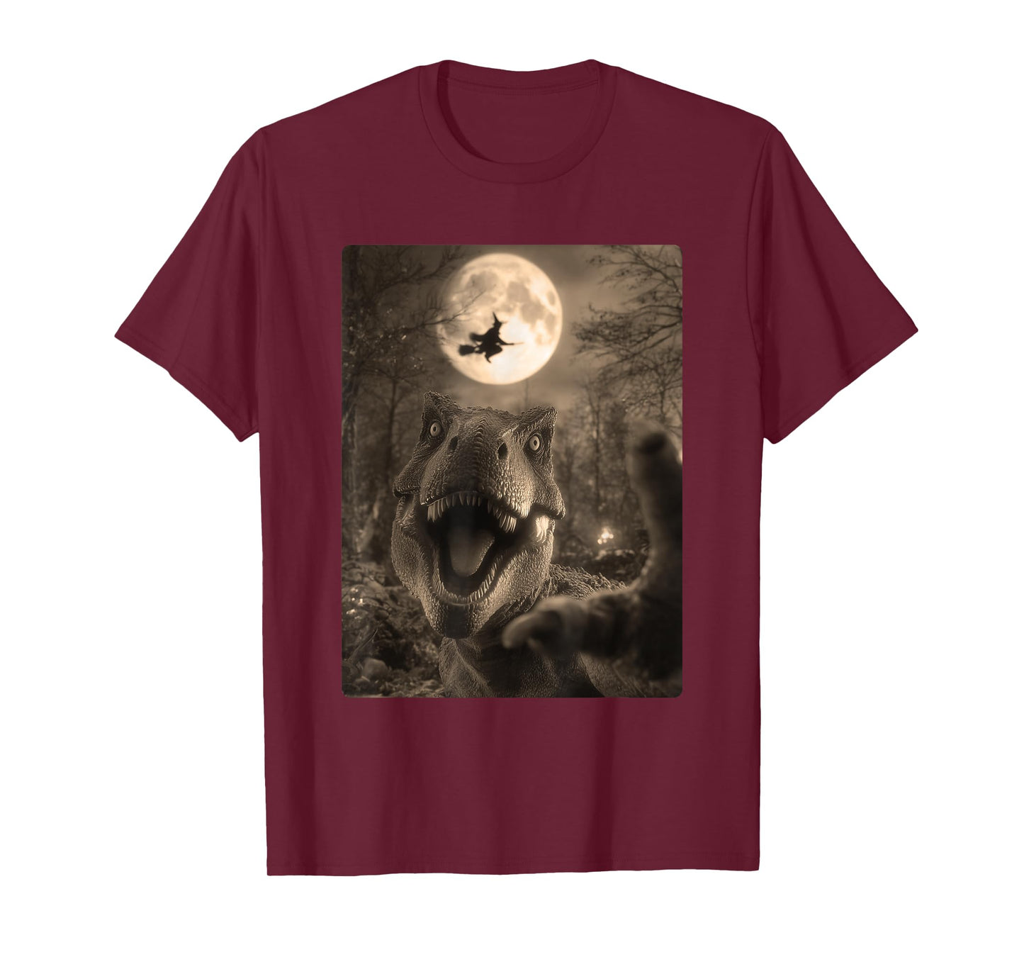 Funny T-rex Selfie Full Moon Flying Witch Dinosaur Halloween T-Shirt