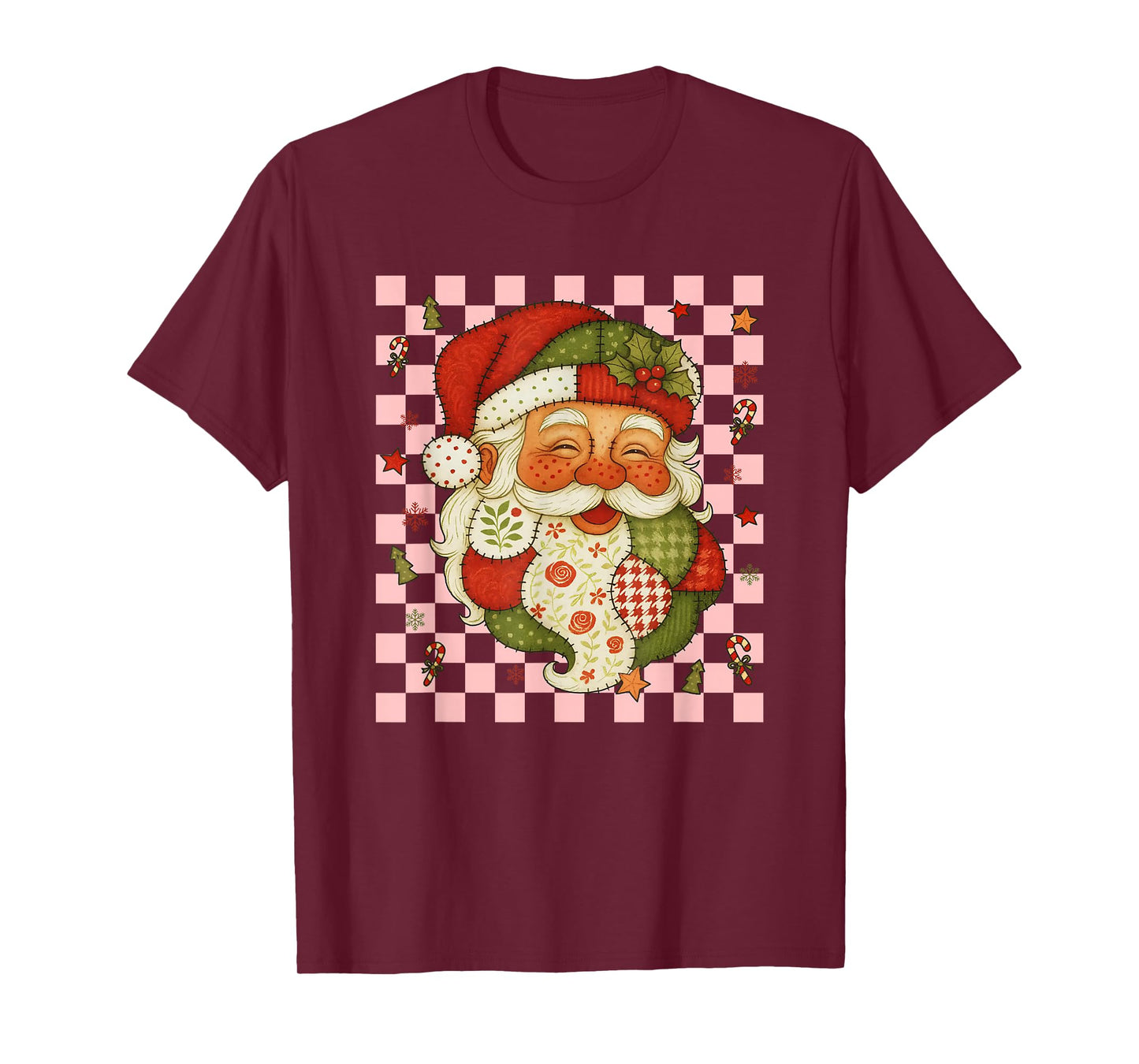 Retro Patchwork Santa Claus Christmas Preppy Merry Xmas T-Shirt