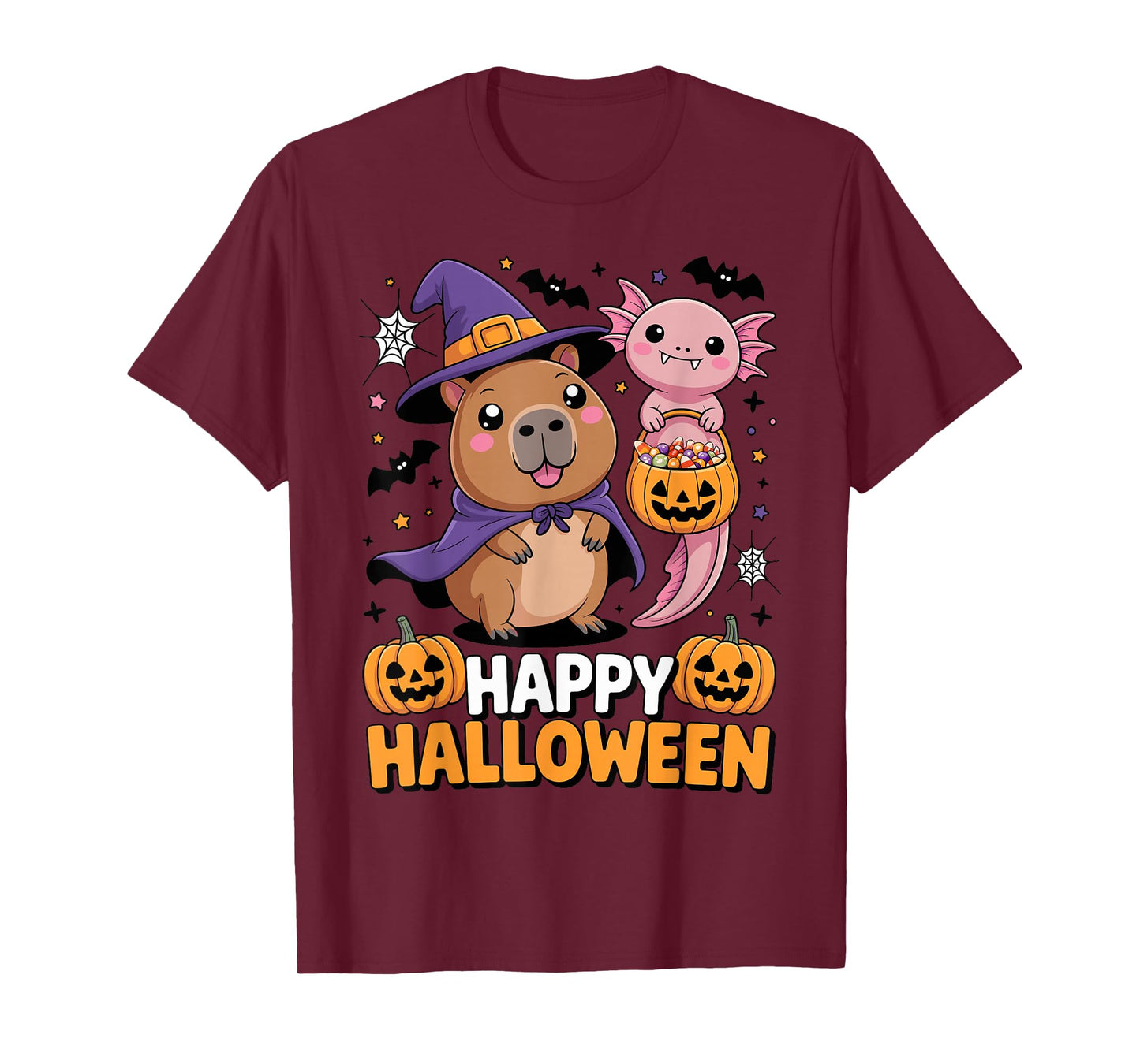 Cute Capybara and Axolotl Happy Halloween Kids T-Shirt