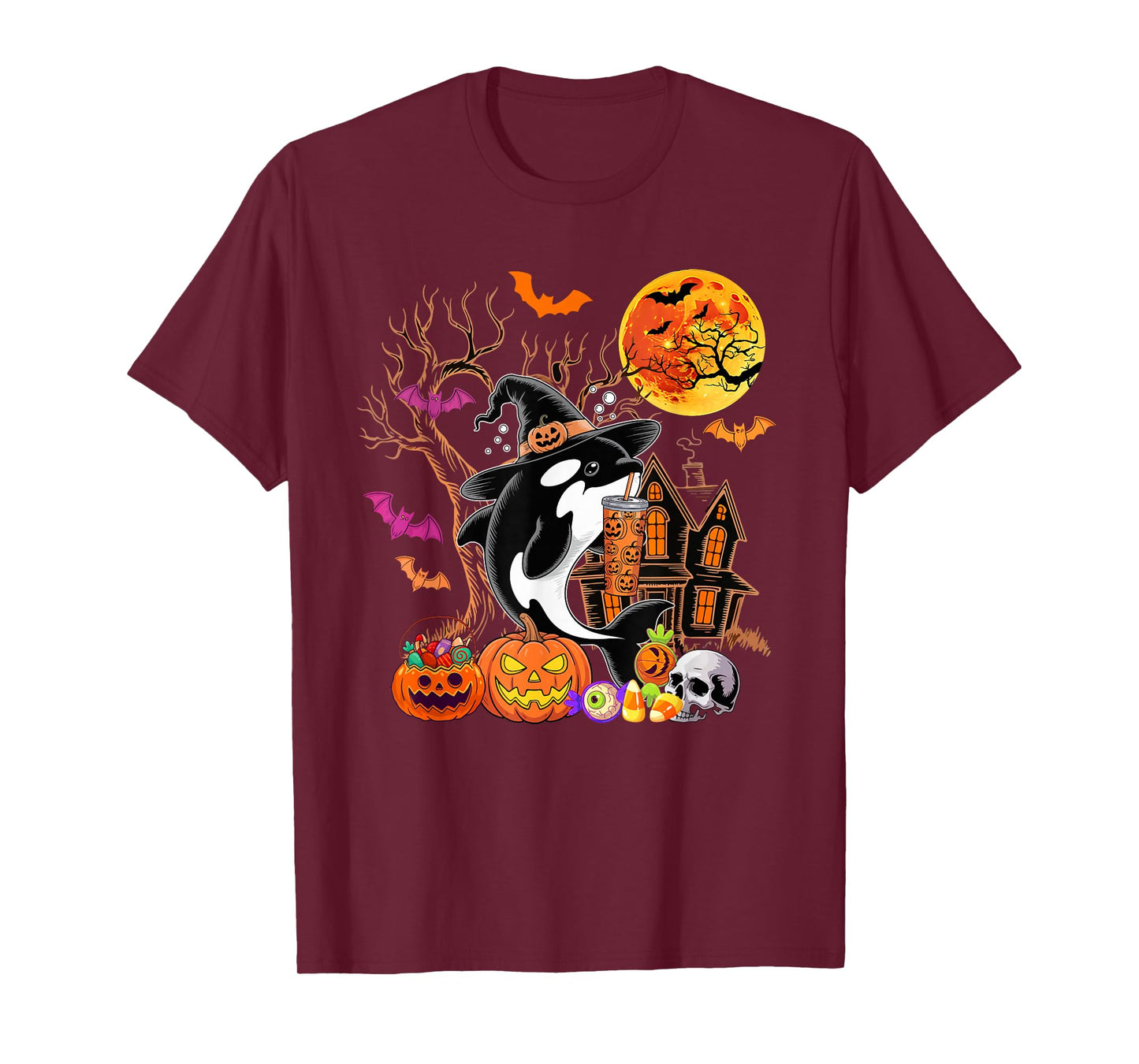 Orca As Witch Drinking Coffee Halloween Carved Pumpkin T-Shirt