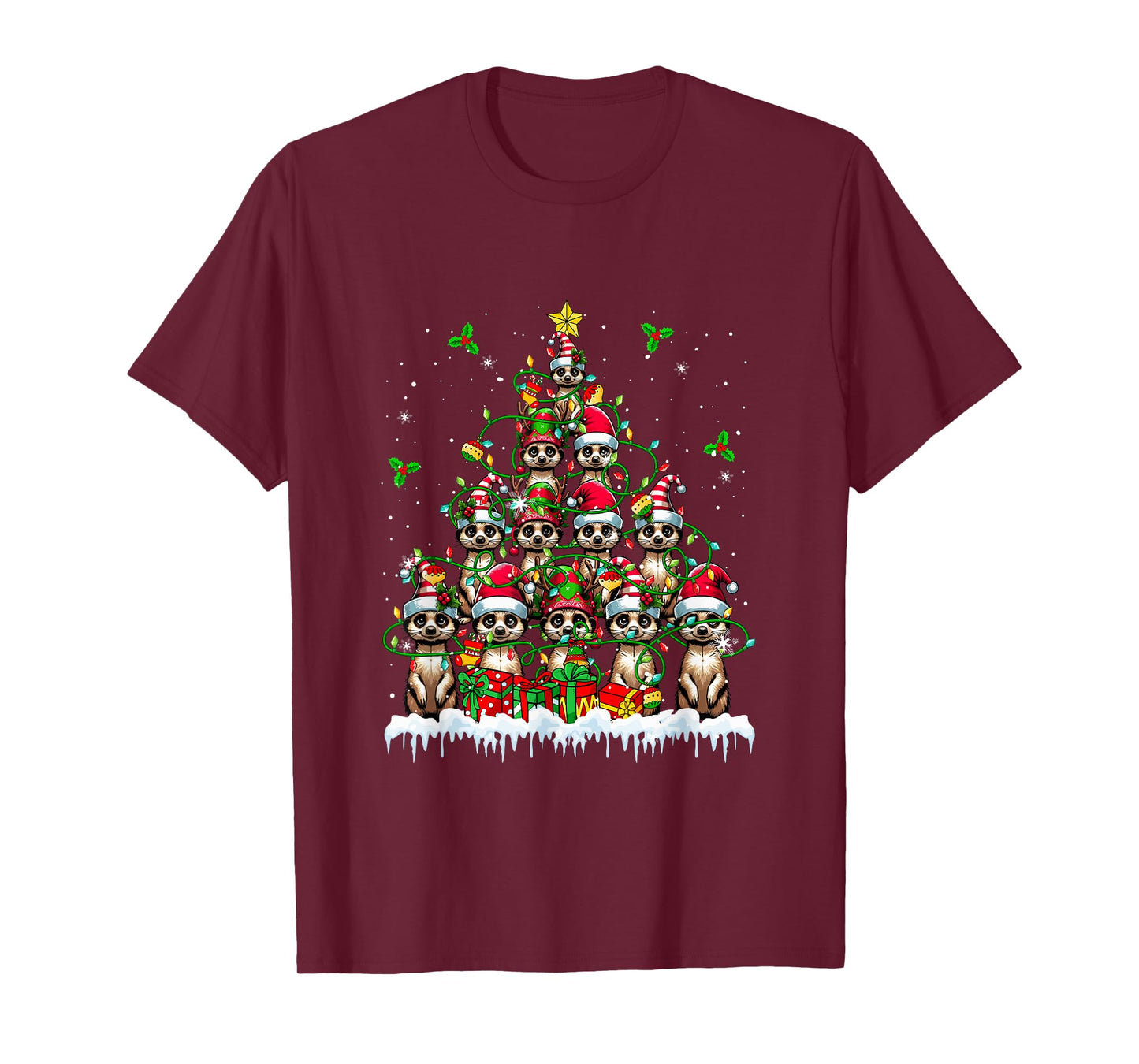 Group Santa Reindeer Elf Meerkats Xmas Tree Colorful Lights T-Shirt
