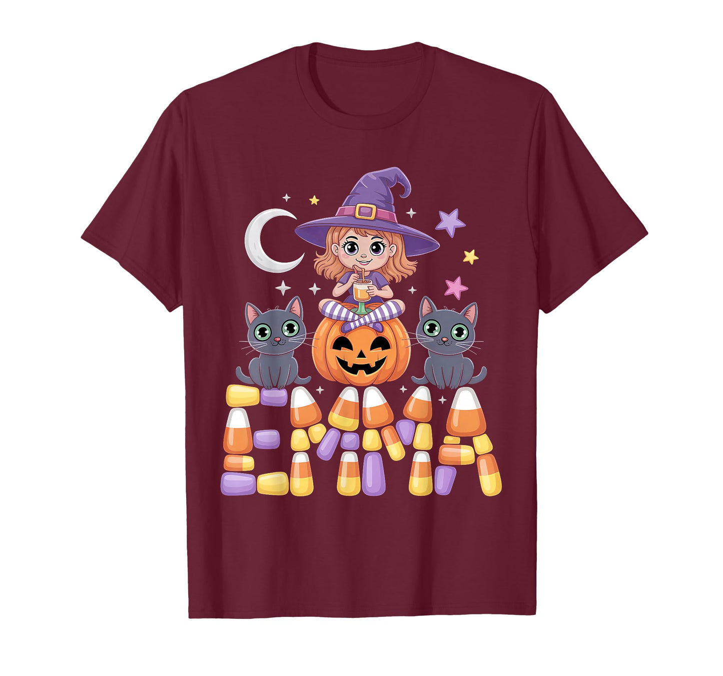 Emma Witch Candy Corn Cat Halloween Women and Girls T-Shirt
