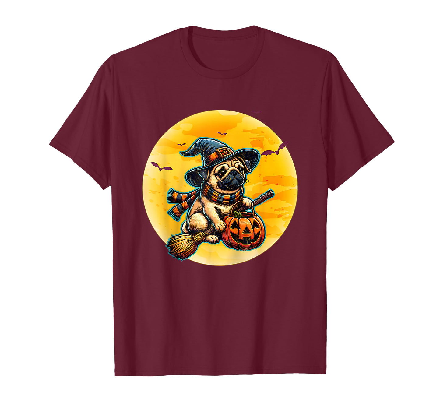 Dog Witch Broom Full Moon Pug Halloween T-Shirt