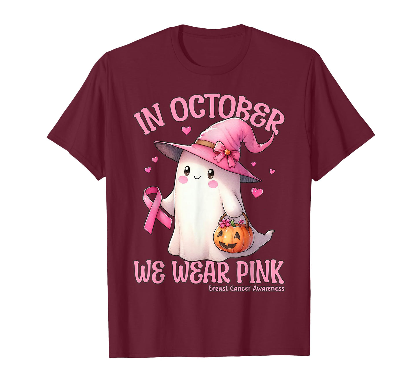 in October We Wear Pink Breast Cancer Ghost Witch Halloween T-Shirt
