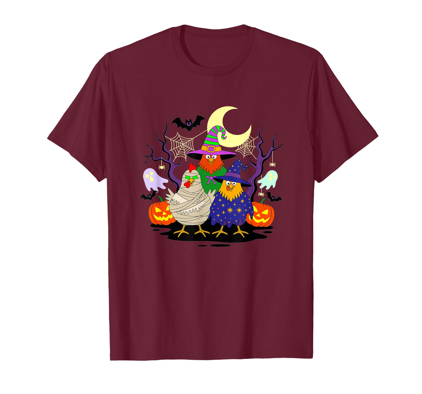 Halloween Chickens Mummy Witch Hat Pumpkin Ghosts Bats T-Shirt