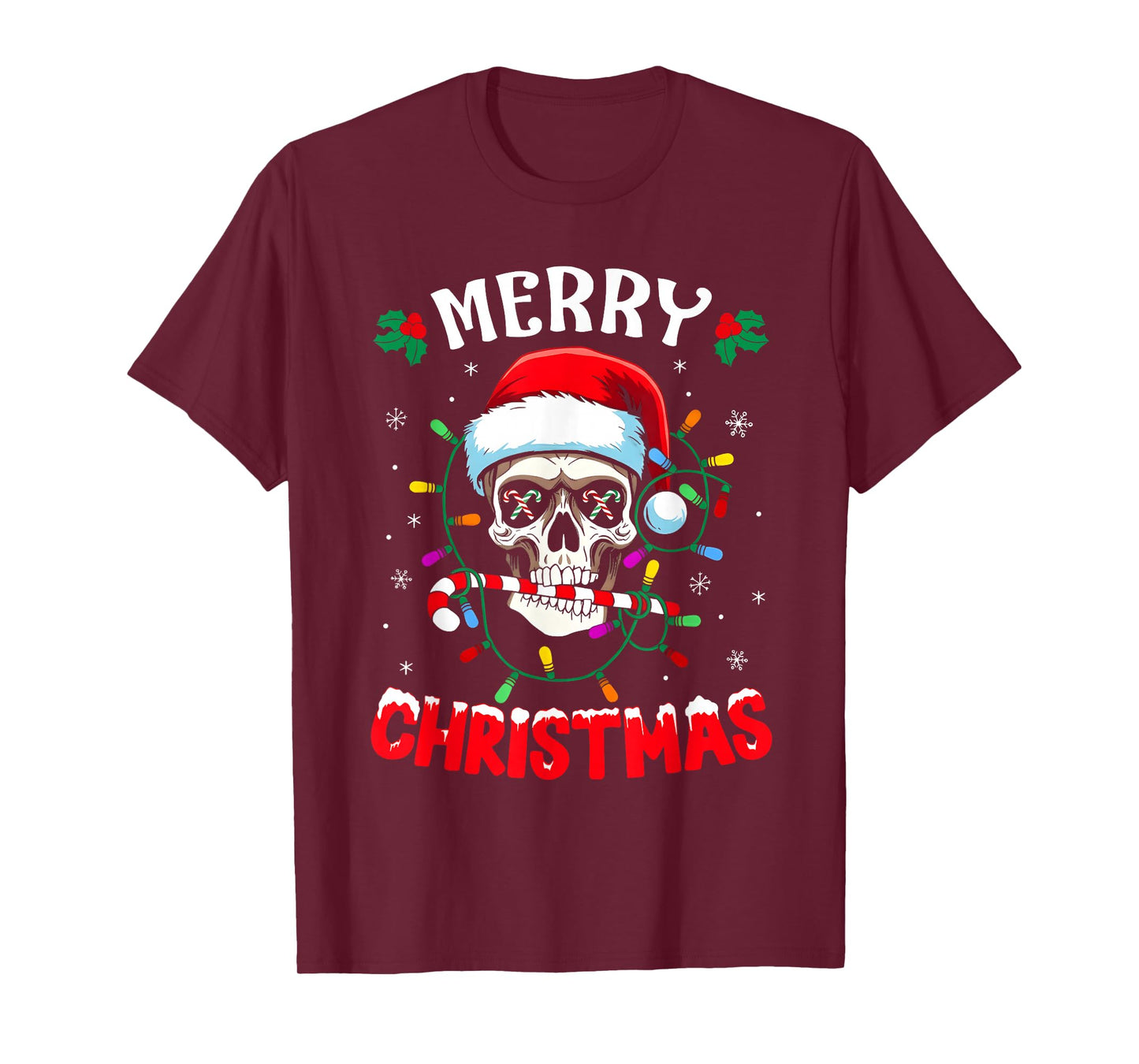 Merry Christmas Lights Red Santa Hat Skull Family Men Women T-Shirt