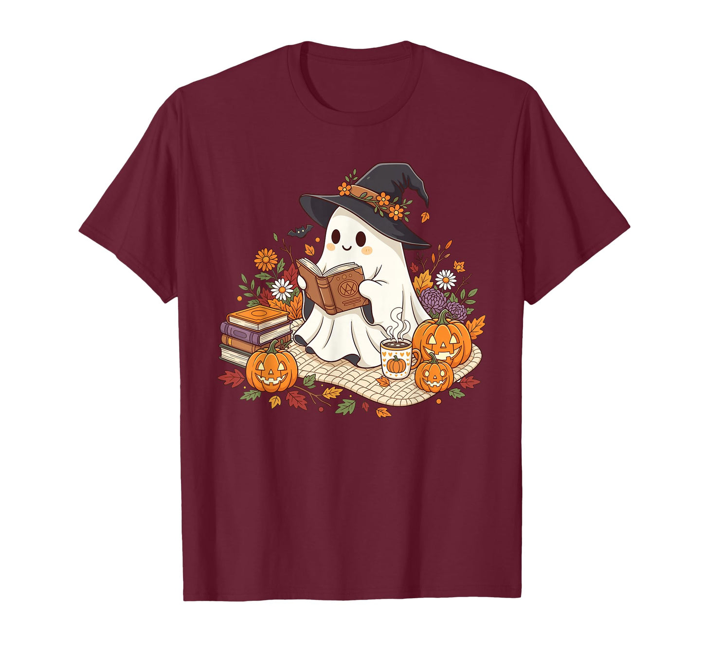 Ghost Reading Book Pumpkin Flower Halloween Reader Bookworm T-Shirt
