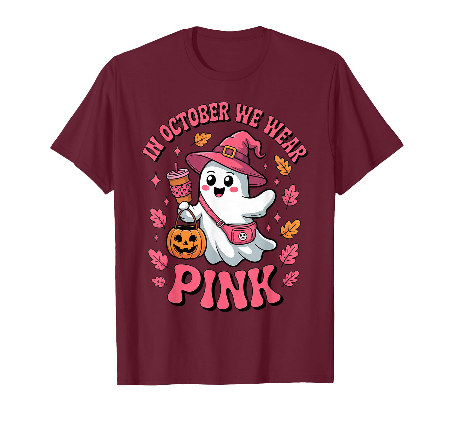 in October We Wear Pink Cute Ghost Halloween Drinking Coffee T-Shirt