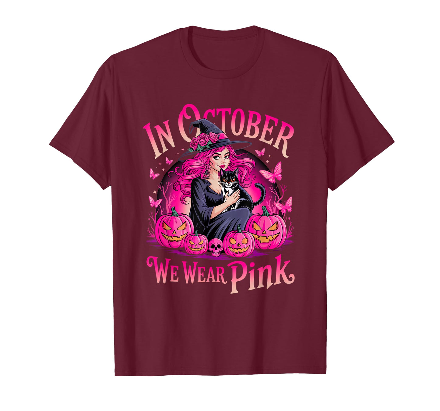 Retro in October We Wear Pink Witch Breast Cancer Awareness T-Shirt