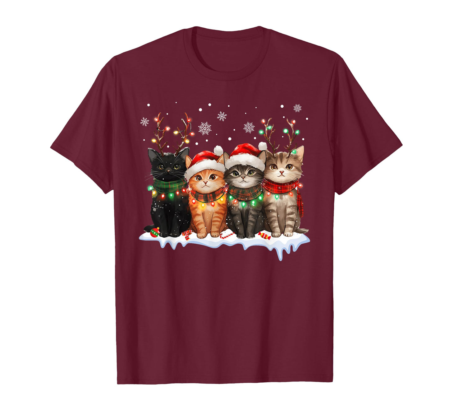Cat Christmas Light Reindeer Santa Christmas Cat Lover T-Shirt