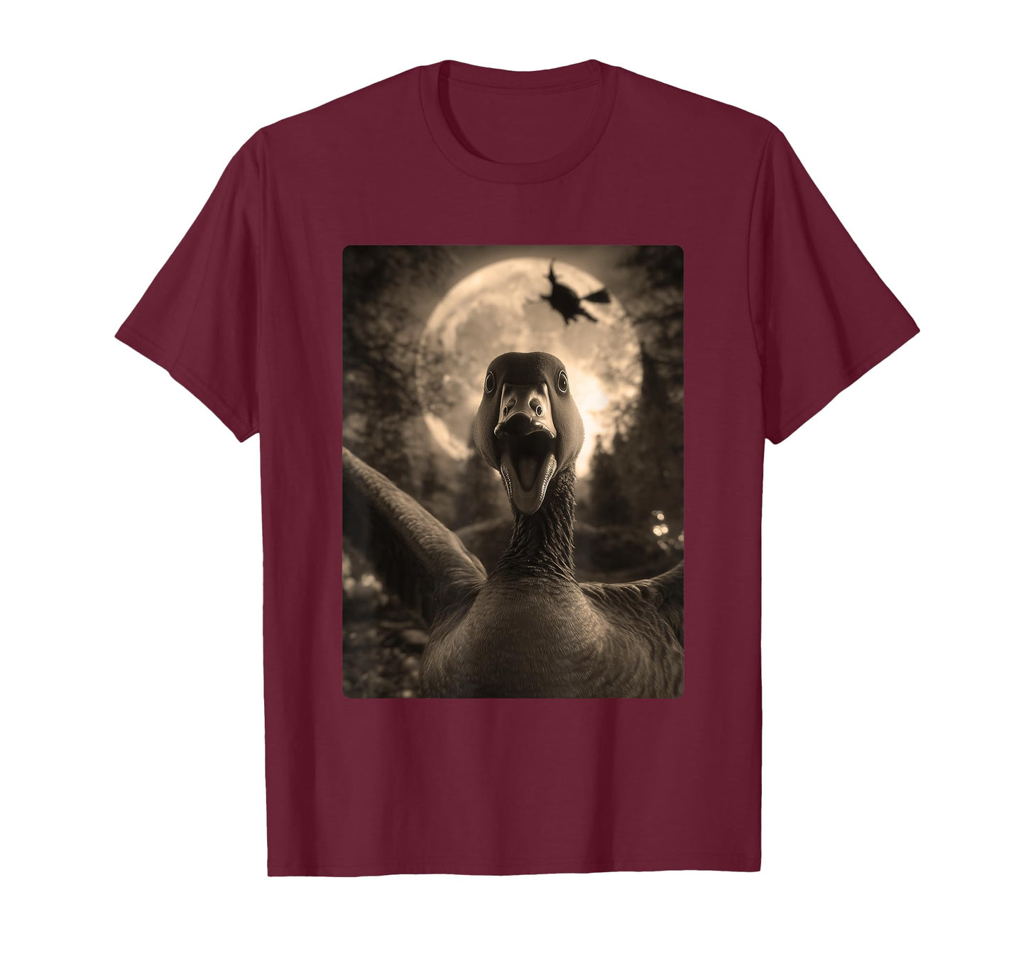 Funny Goose Selfie Full Moon Flying Witch Forest Halloween T-Shirt