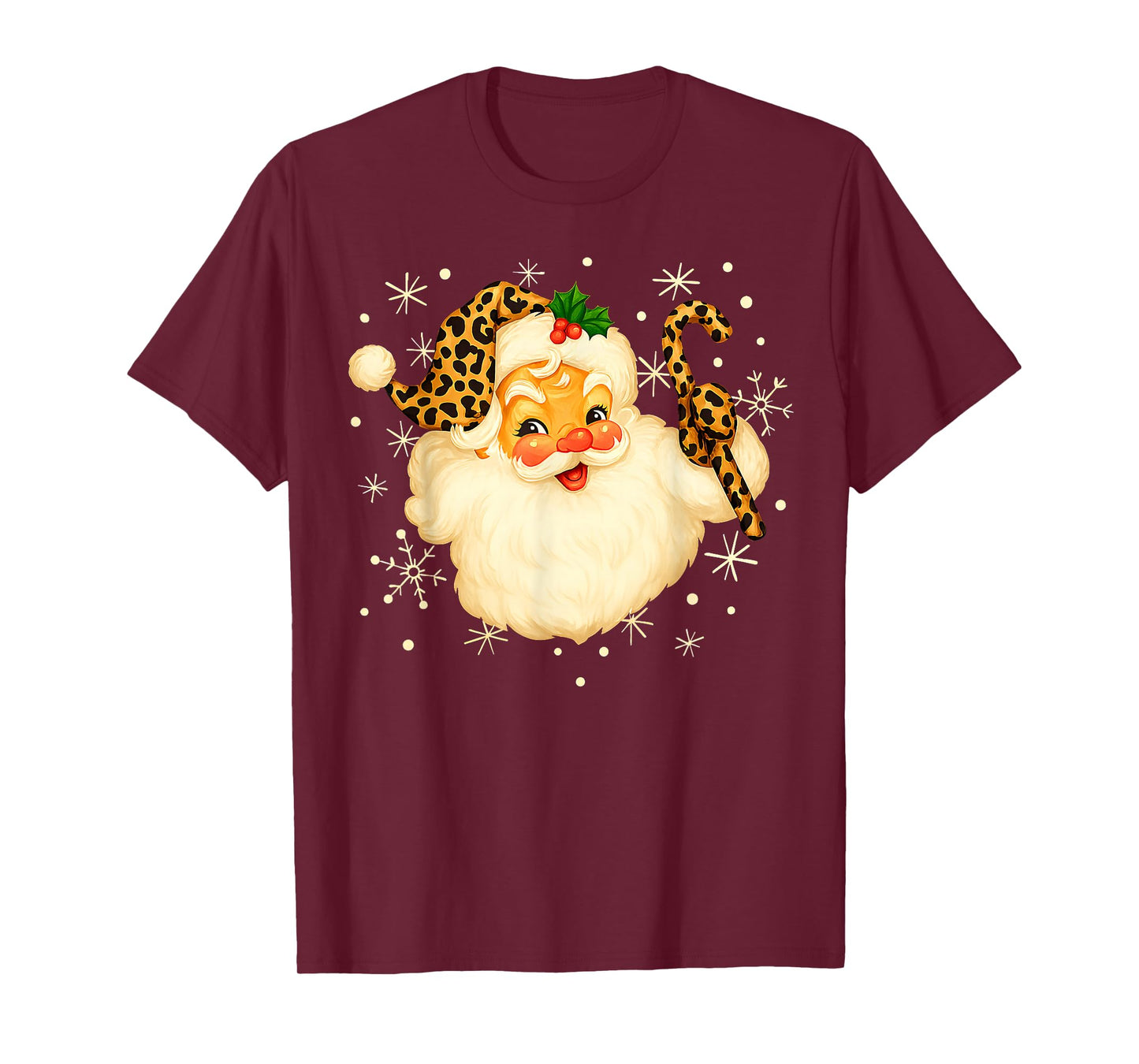 Funny Santa Claus Face Christmas Xmas Leopard Santa Hat T-Shirt