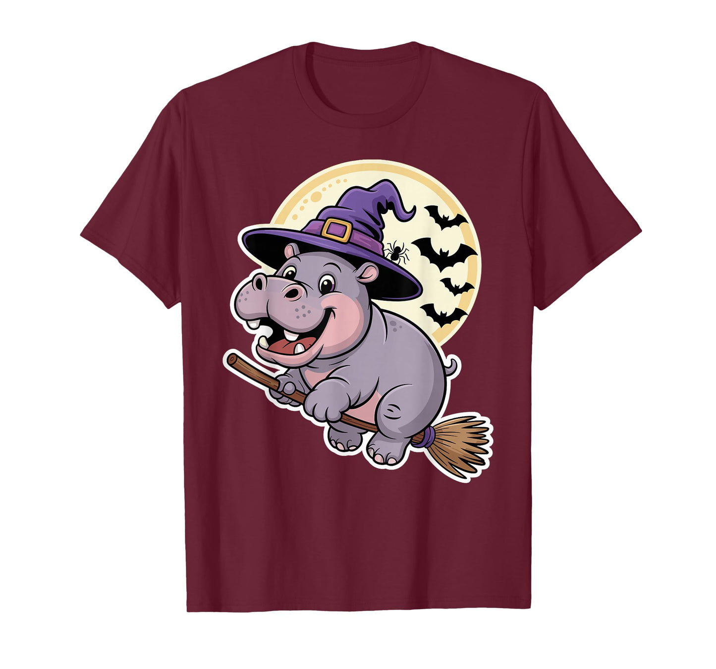 Spooky Cute Hippo Witch Riding Broom Halloween Moon T-Shirt