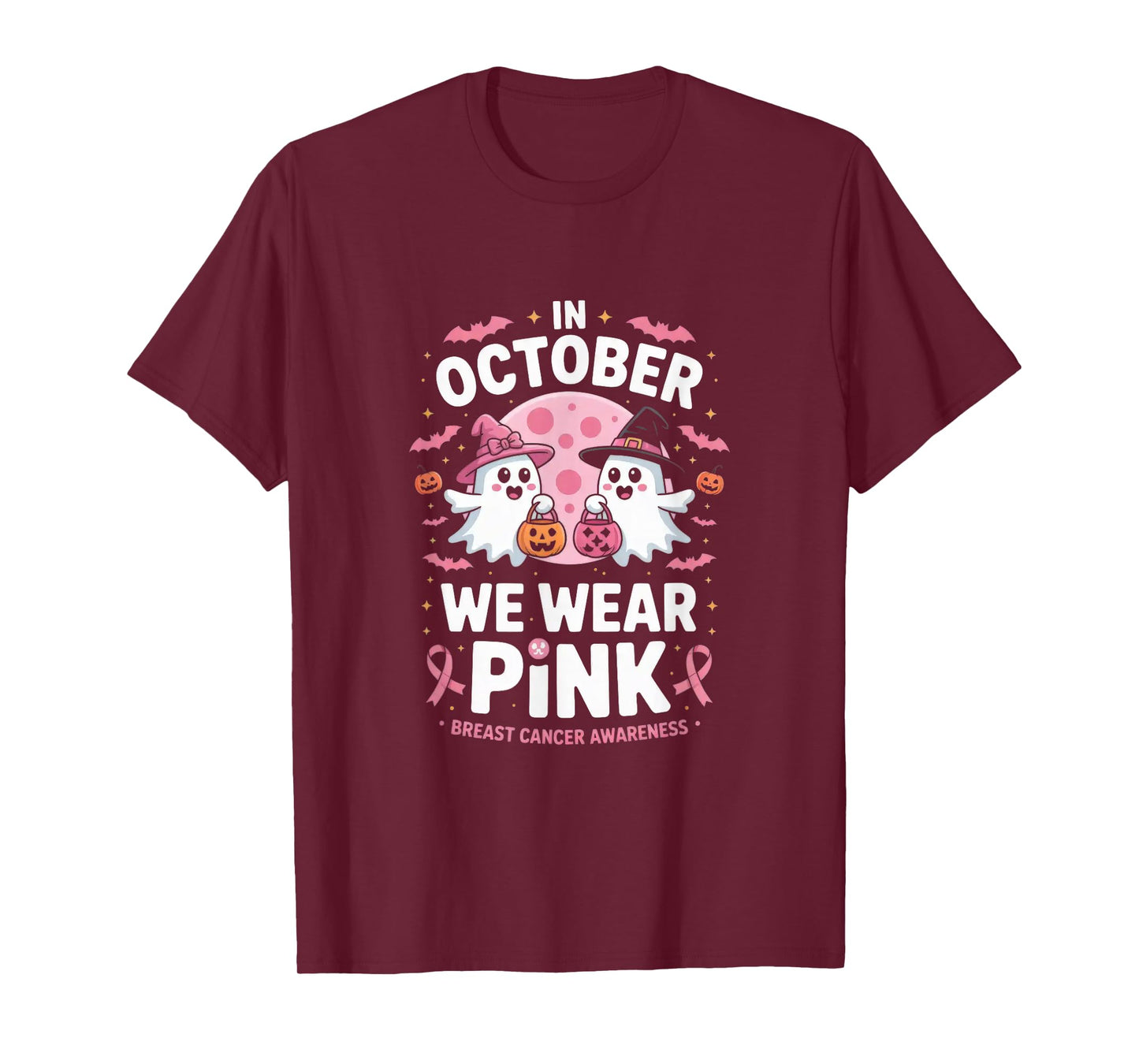 in October We Wear Pink Ghost Witch Breast Cancer Awareness T-Shirt