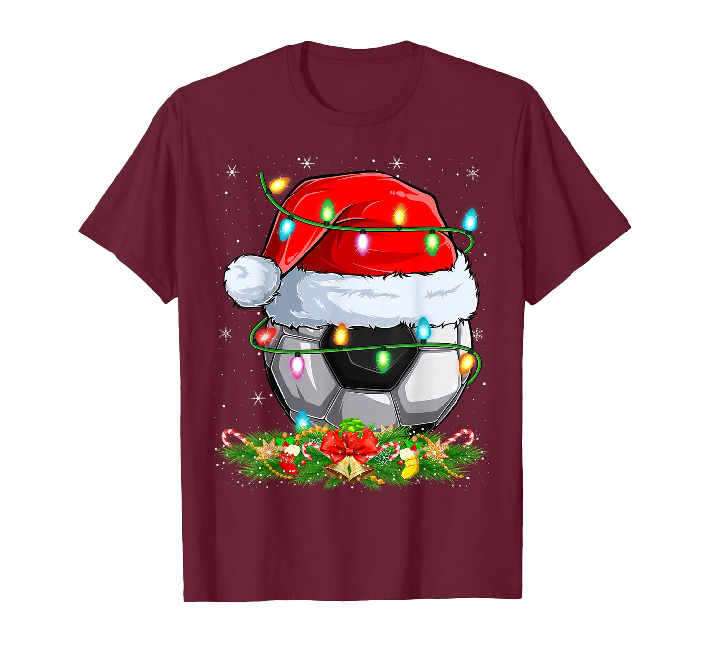 Soccer Ball Christmas Lights Funny Santa Soccer Player Xmas T-Shirt