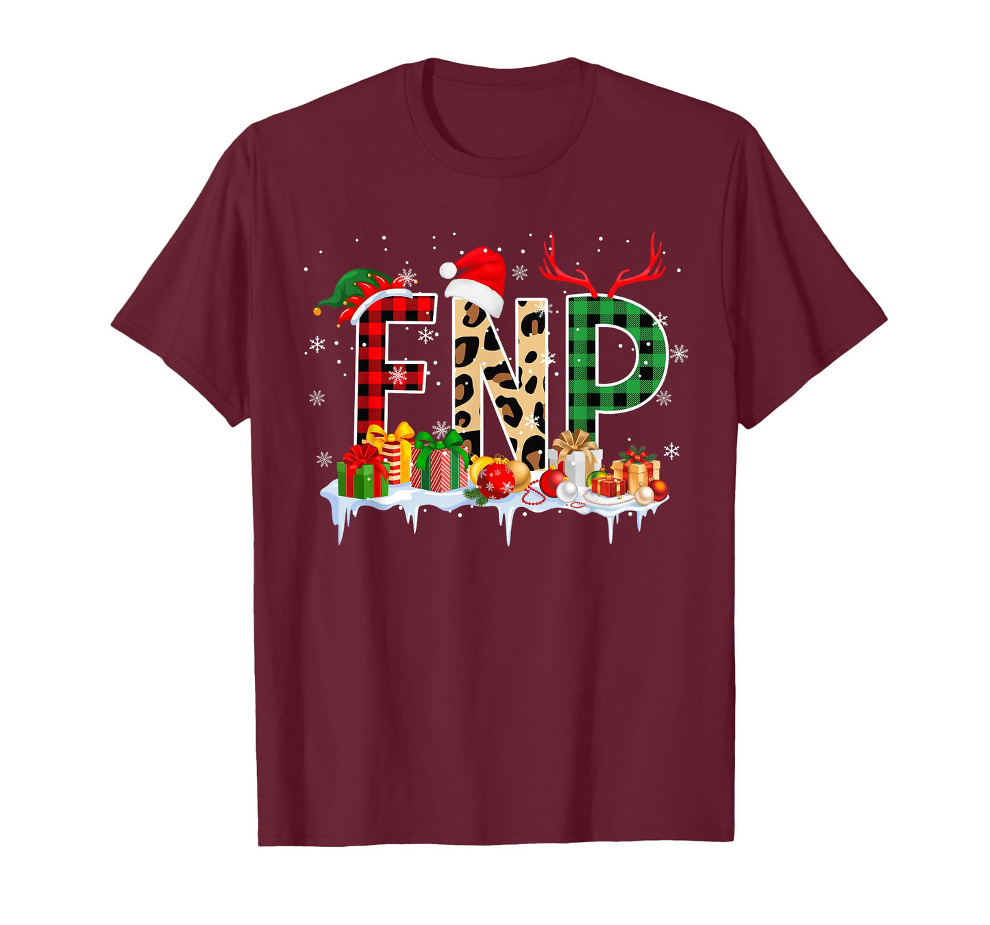 Leopard Red Plaid FNP Nursing Santa Hat Reindeer Christmas T-Shirt