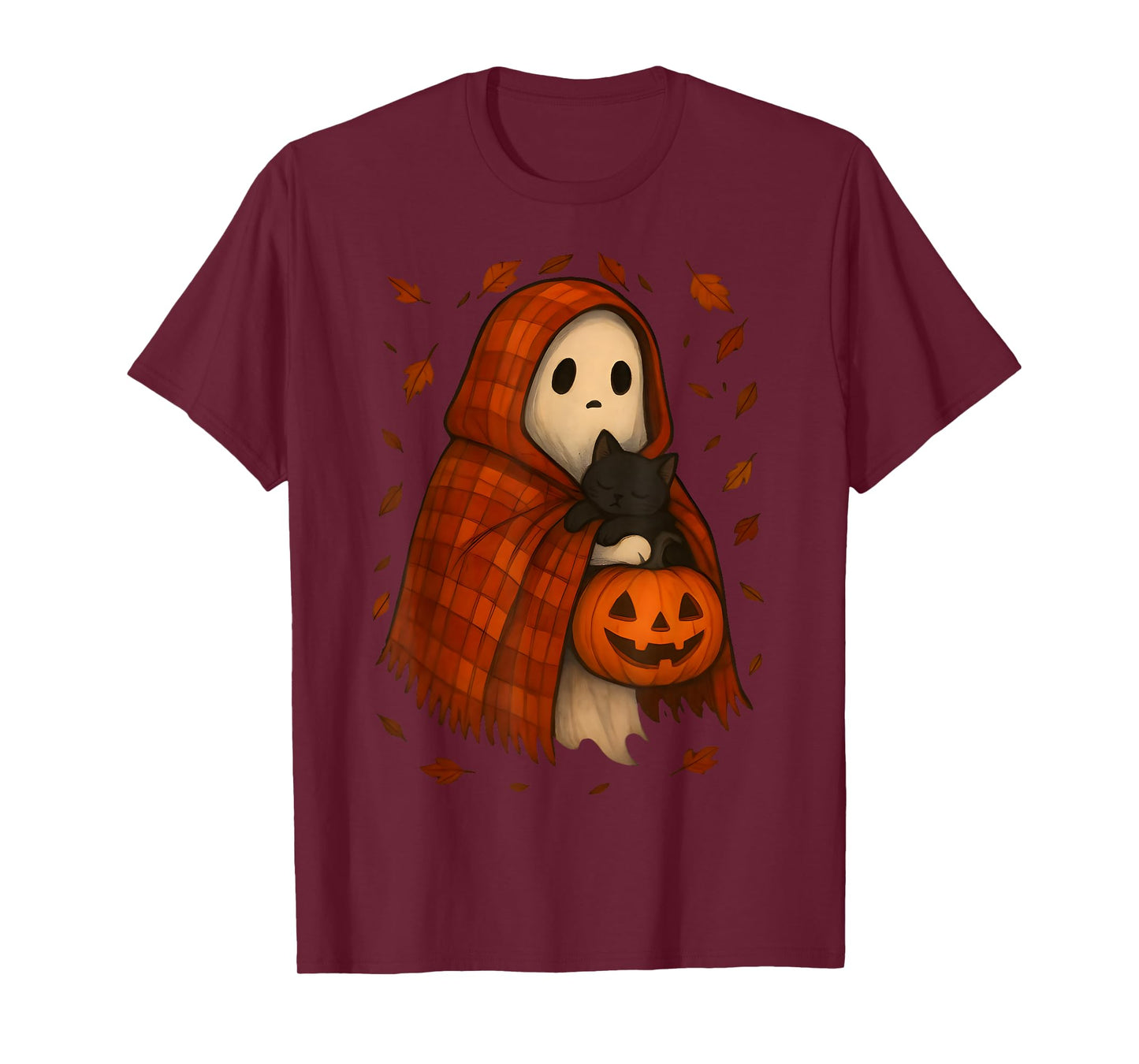 Vintage Halloween Ghost Holding Black Cat Groovy Floral T-Shirt