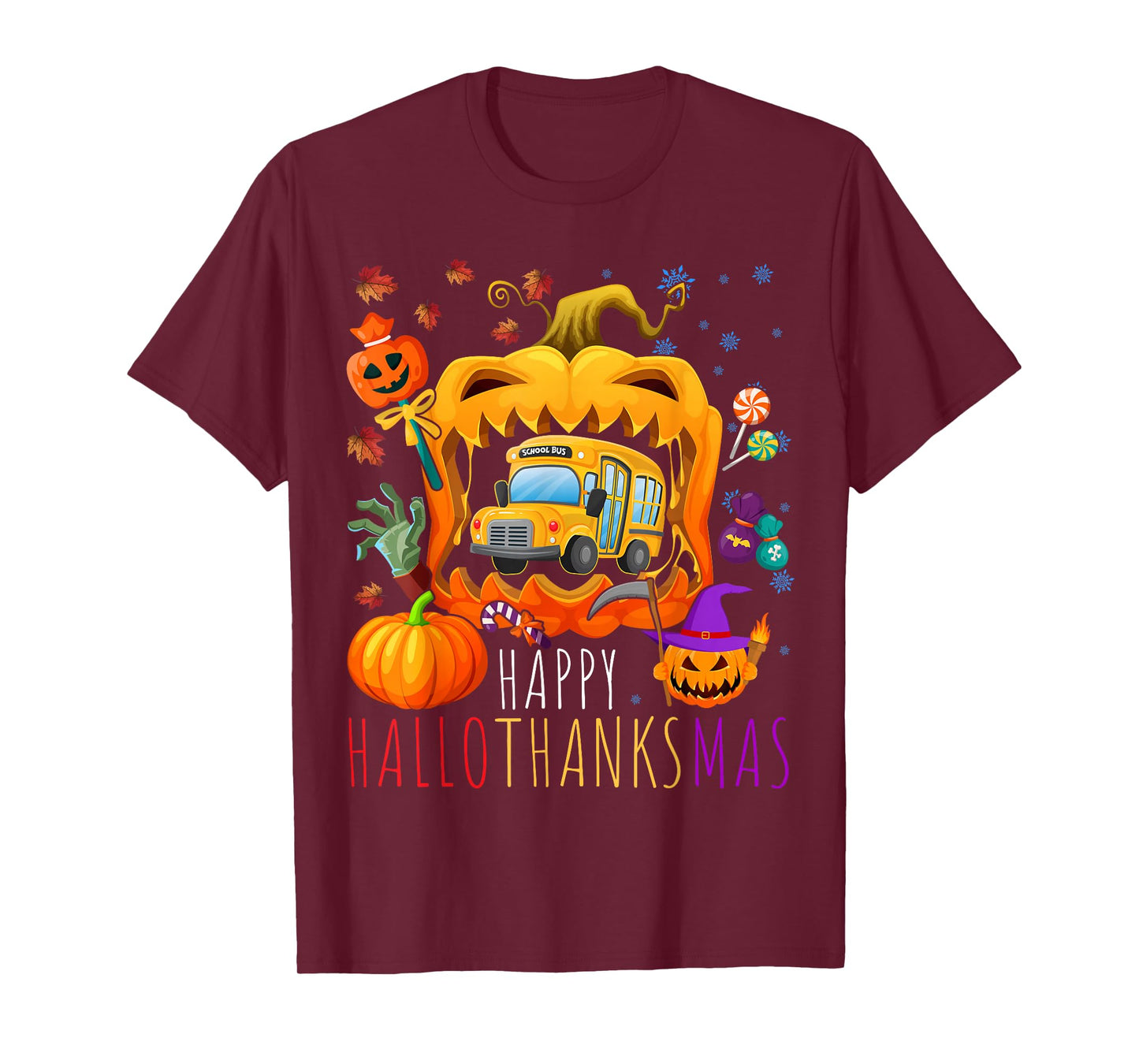 Happy Hallothanksmas School Bus Halloween Thanksgiving Xmas T-Shirt