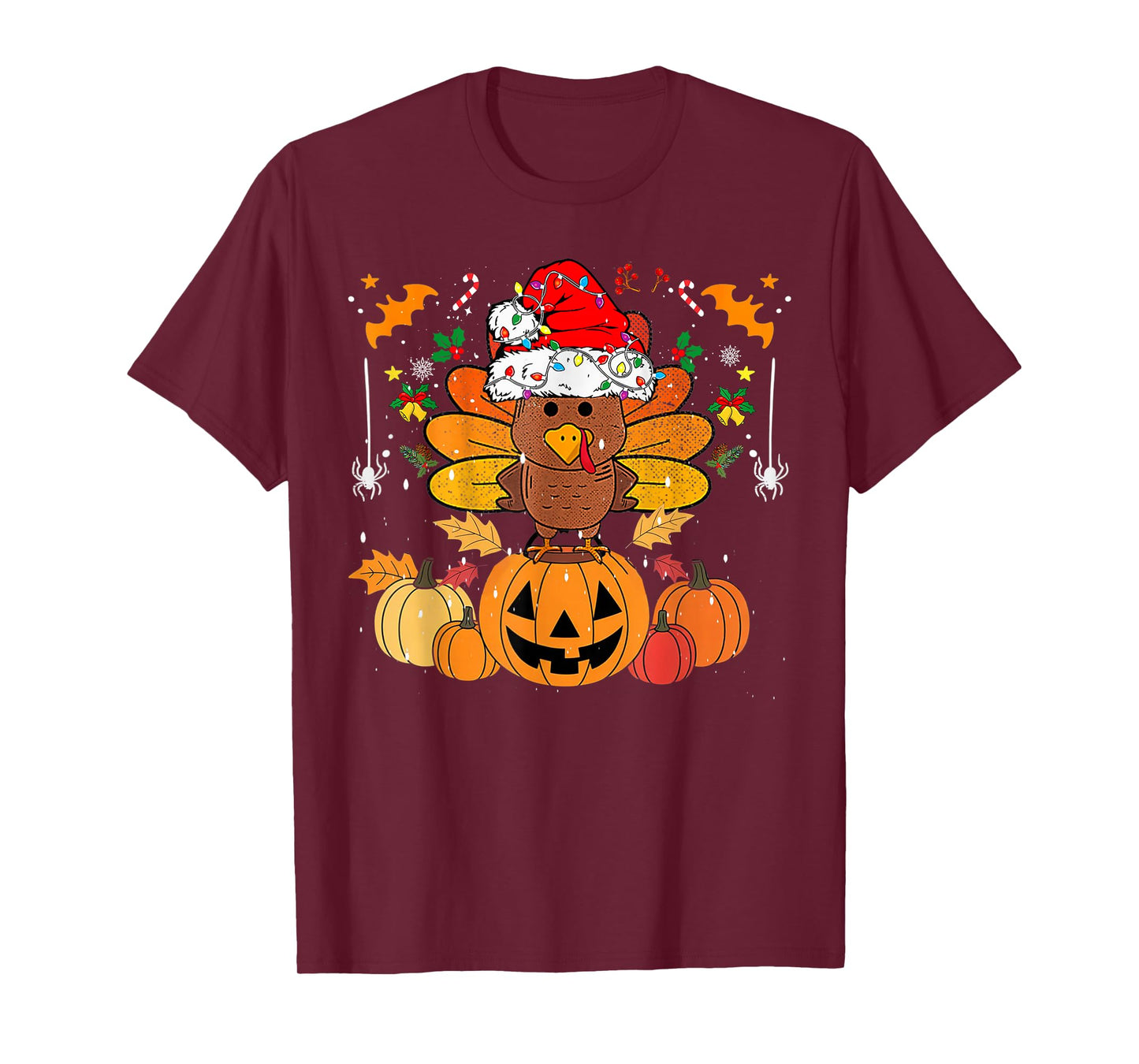 Funny HalloThanksMas Happy Thanksgiving Santa Turkey T-Shirt