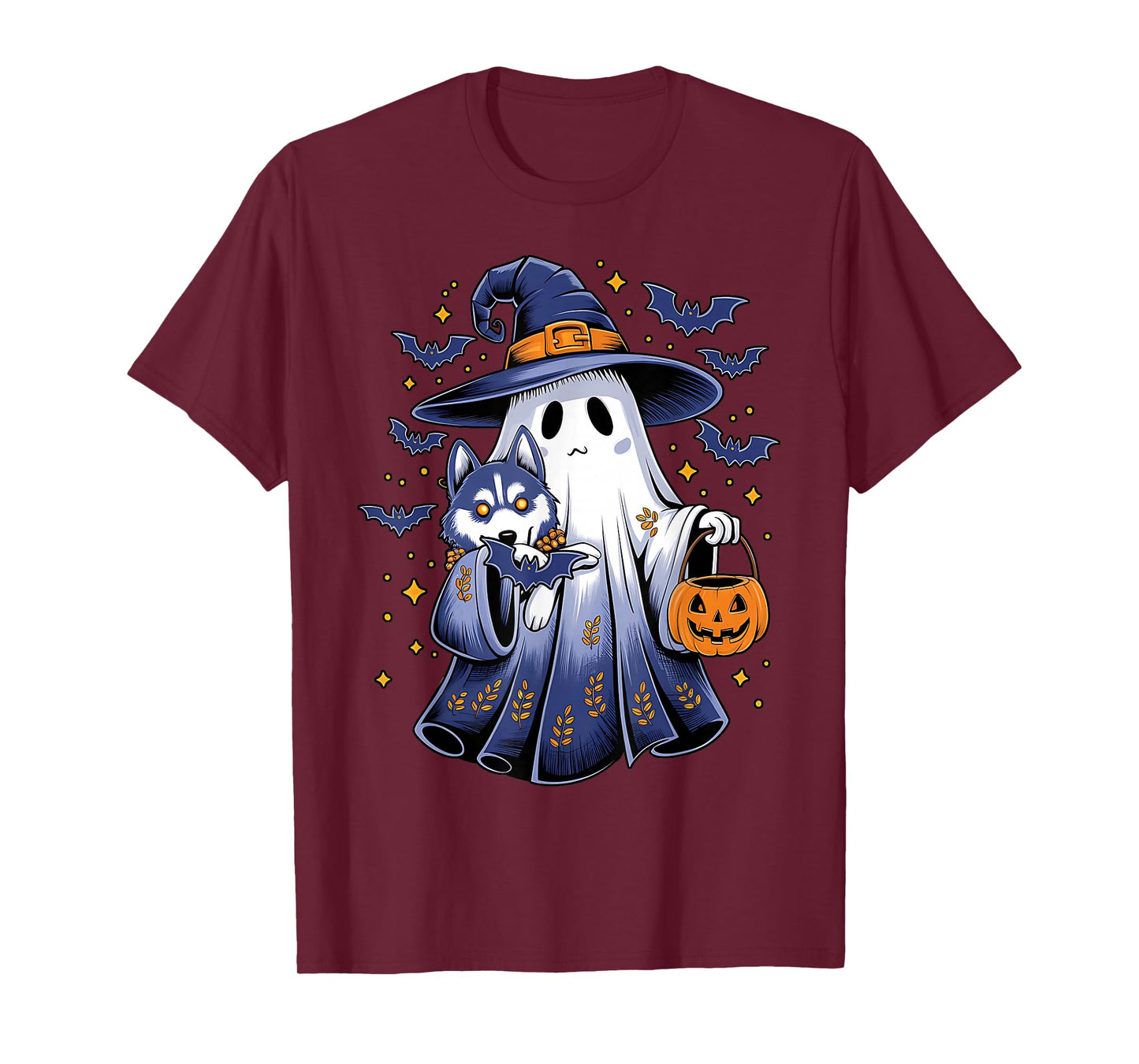 Ghost Witch Holding Siberian Husky Dog Pumpkins Halloween T-Shirt