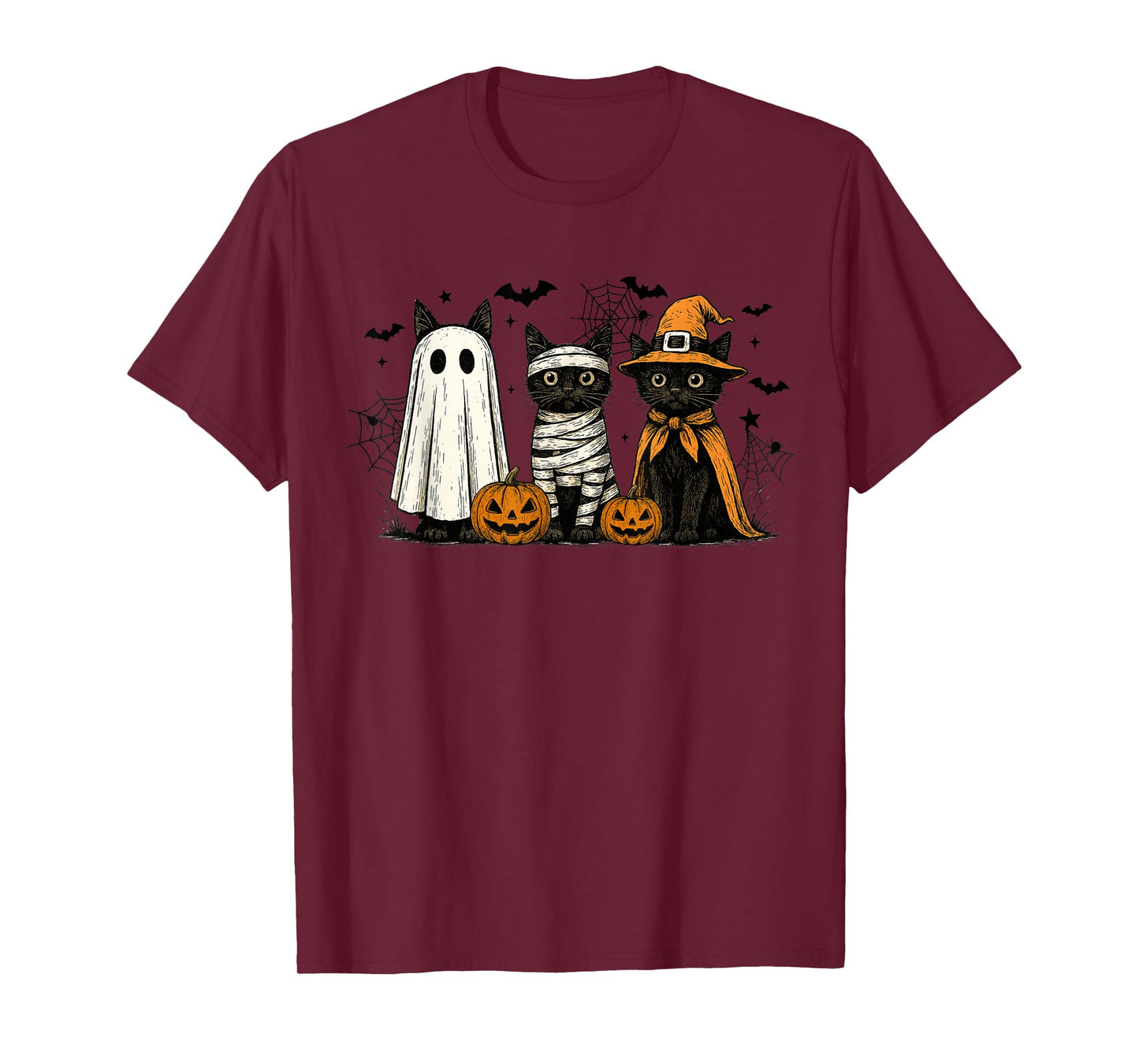 Retro Black Cat Witch Scary Halloween Pumpkin Women Men Kids T-Shirt