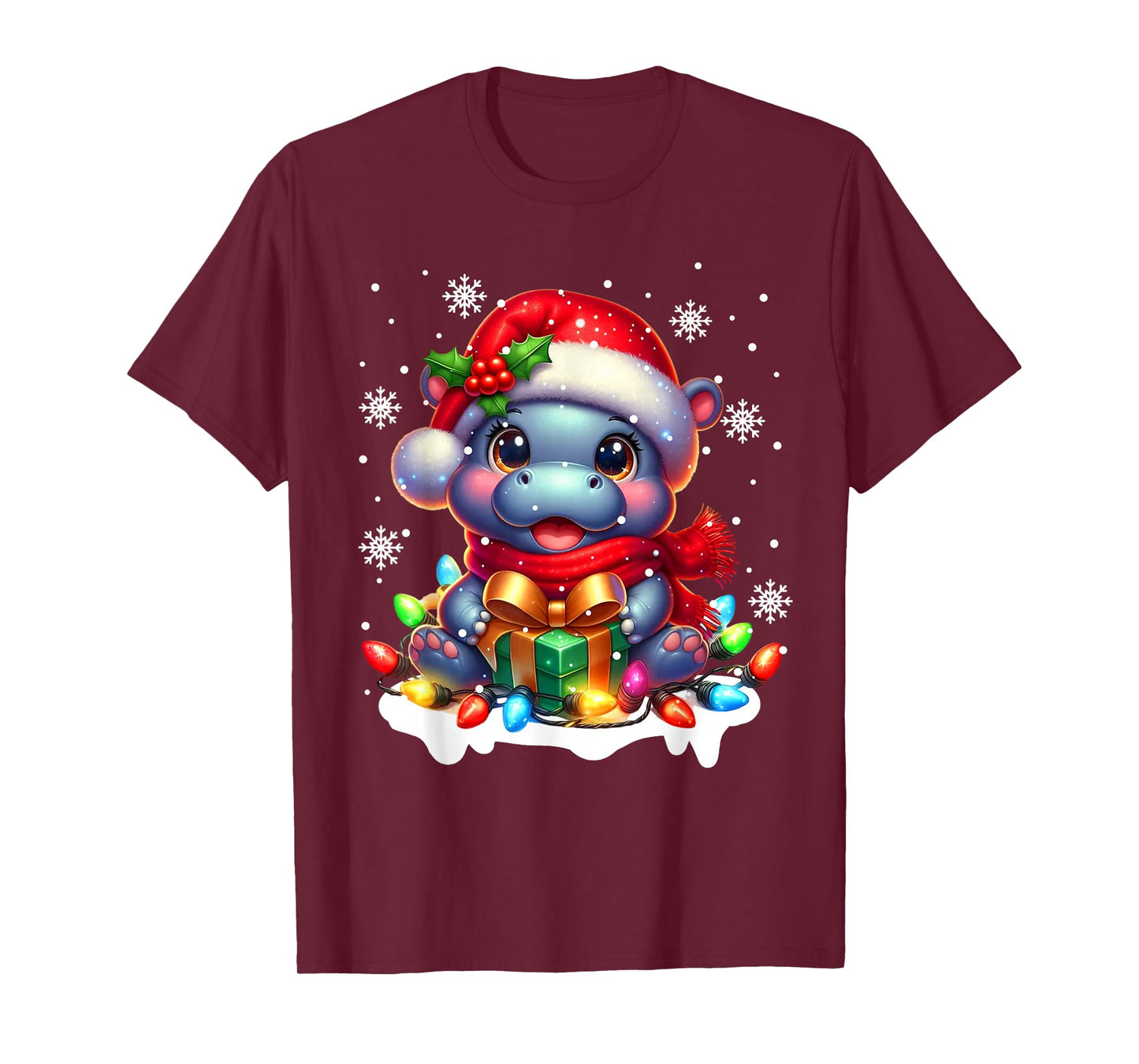 Funny Hippopotamus Santa Tangled up in Christmas Lights T-Shirt