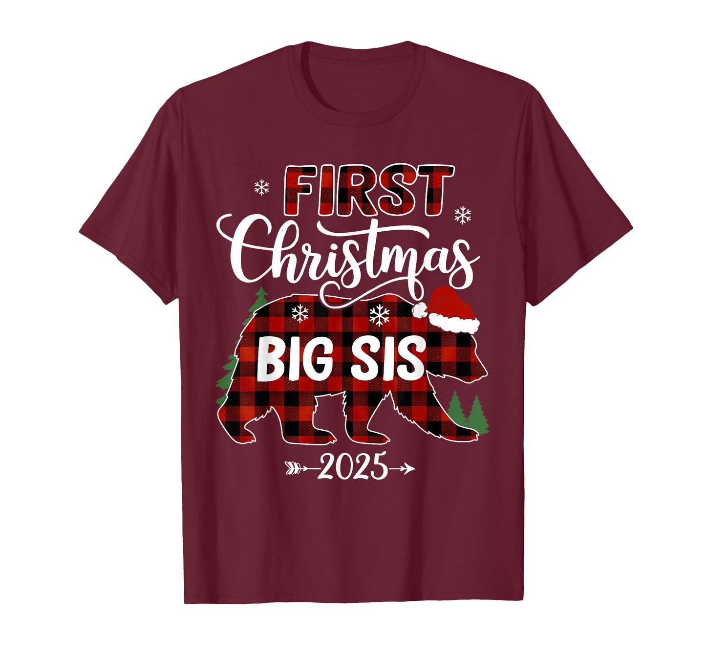 Pregnancy First Christmas Big Sis Red Plaid Bear Santa 2025 T-Shirt