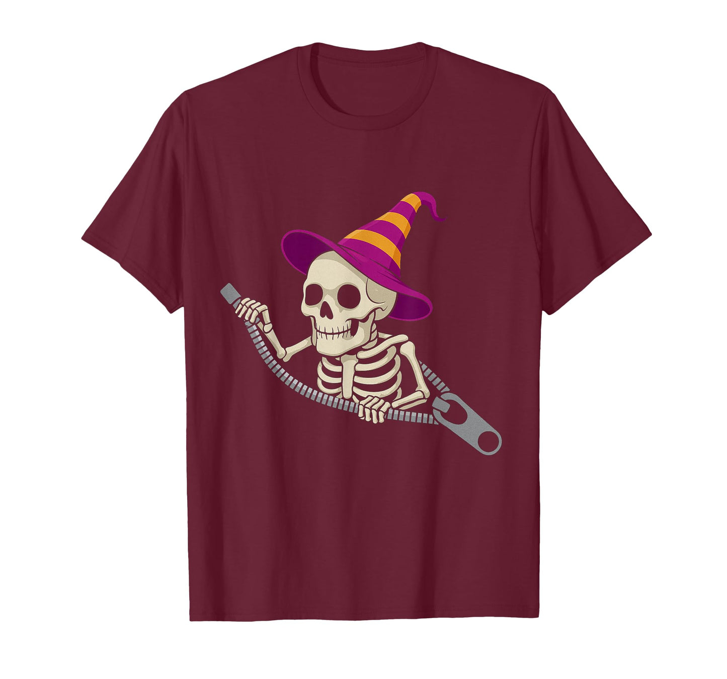 Skeleton in a Witch Hat Emerging from a Zipper for Halloween T-Shirt