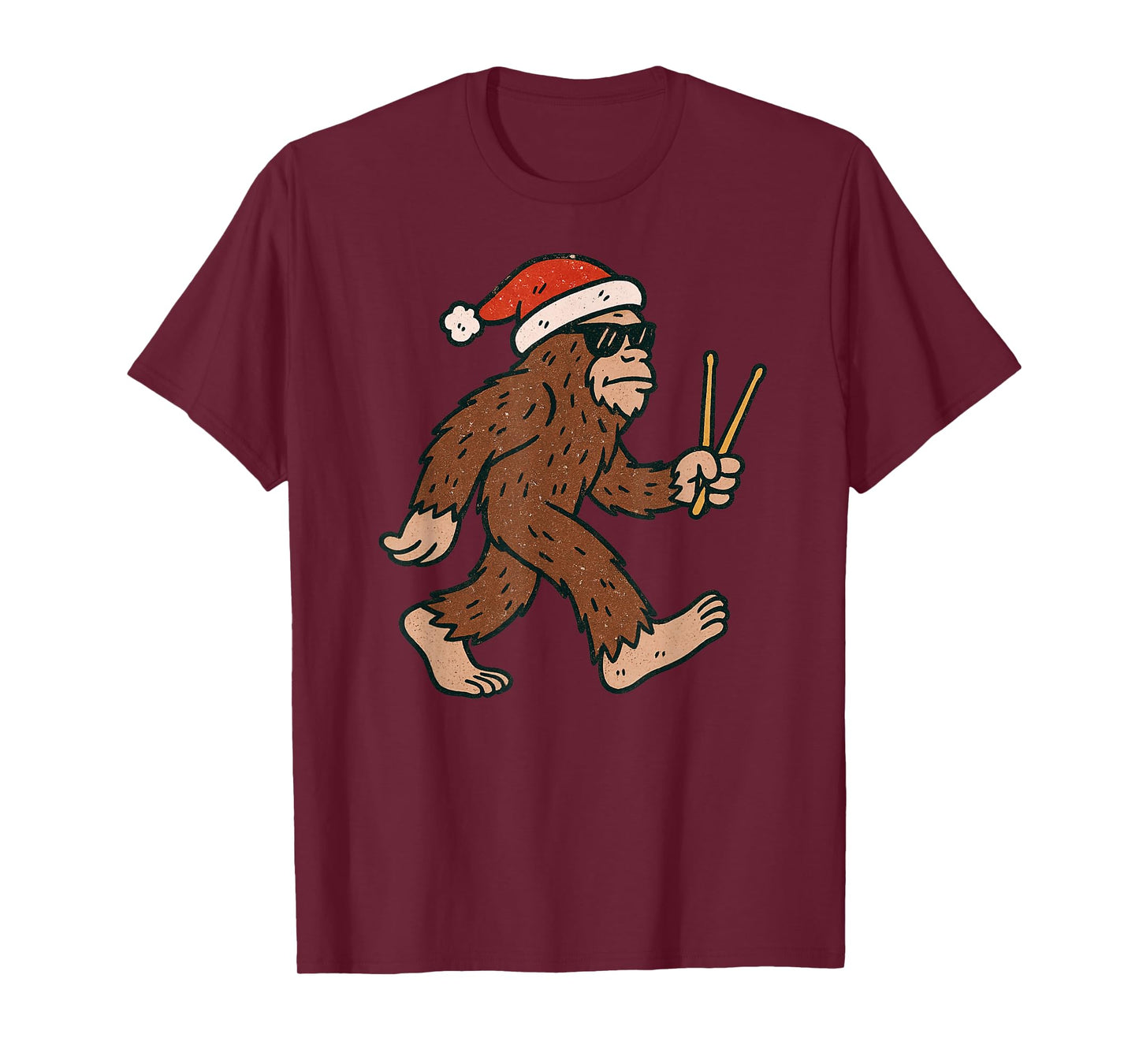 Sasquatch Playing Drums Christmas Vintage Drummer Xmas T-Shirt