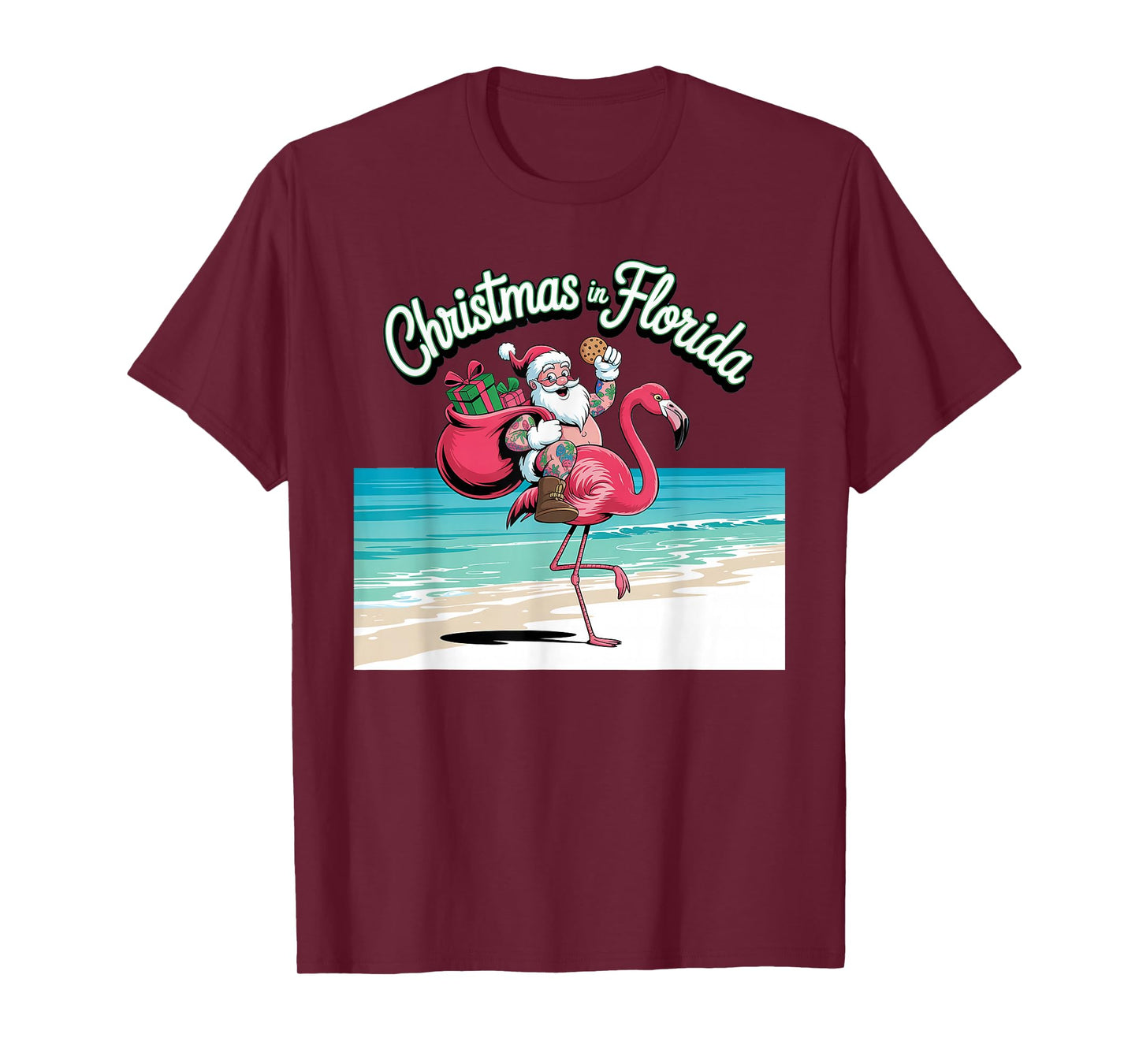 Christmas in Florida Sun Tanning Santa Riding Flamingo T-Shirt