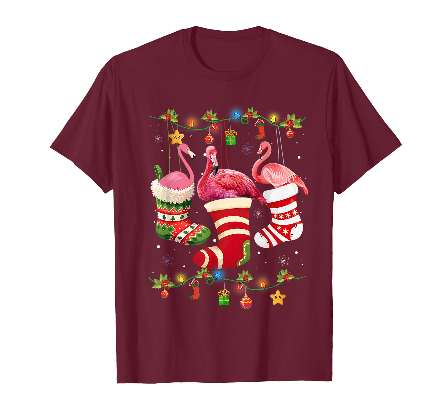 Christmas Lights Pink Flamingo Santa Hat Xmas Women Girls T-Shirt