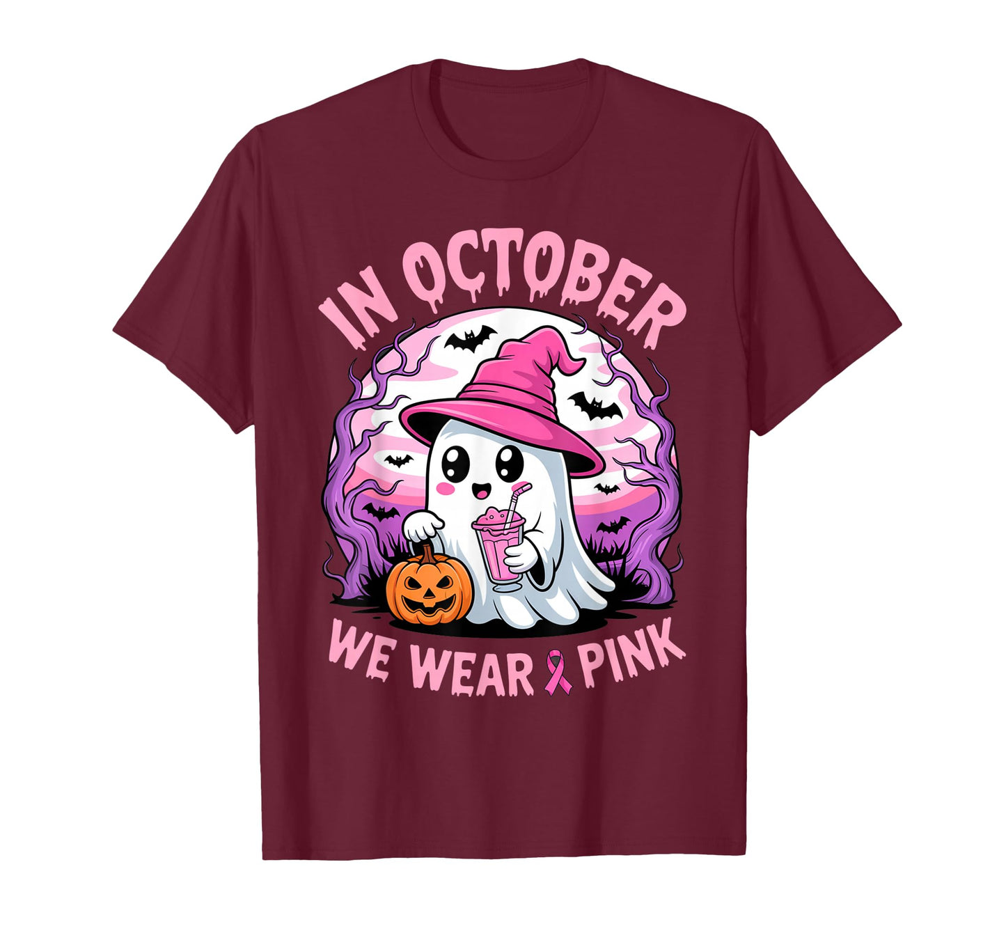 in October We Wear Pink Breast Cancer Halloween Ghost T-Shirt