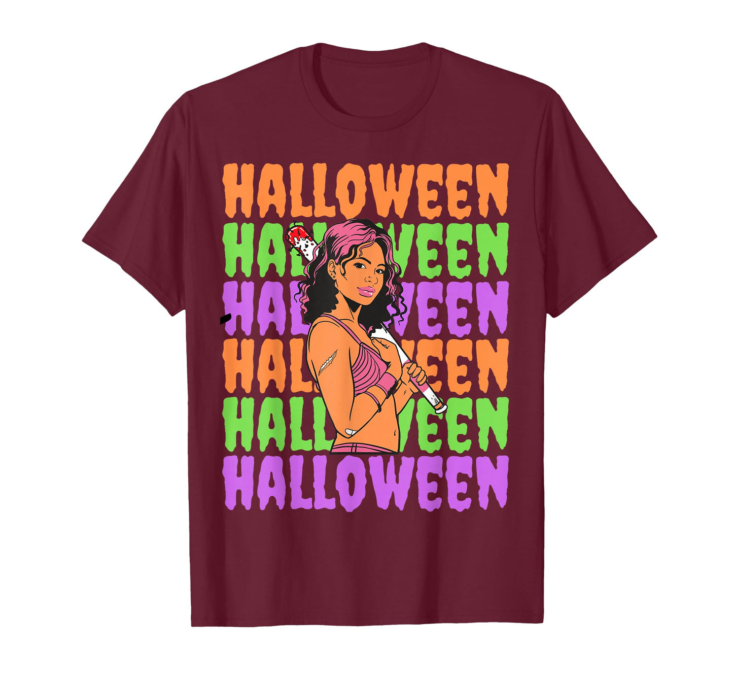 Funny Melanin Halloween Black Girl Magic Scary Blood Bat T-Shirt