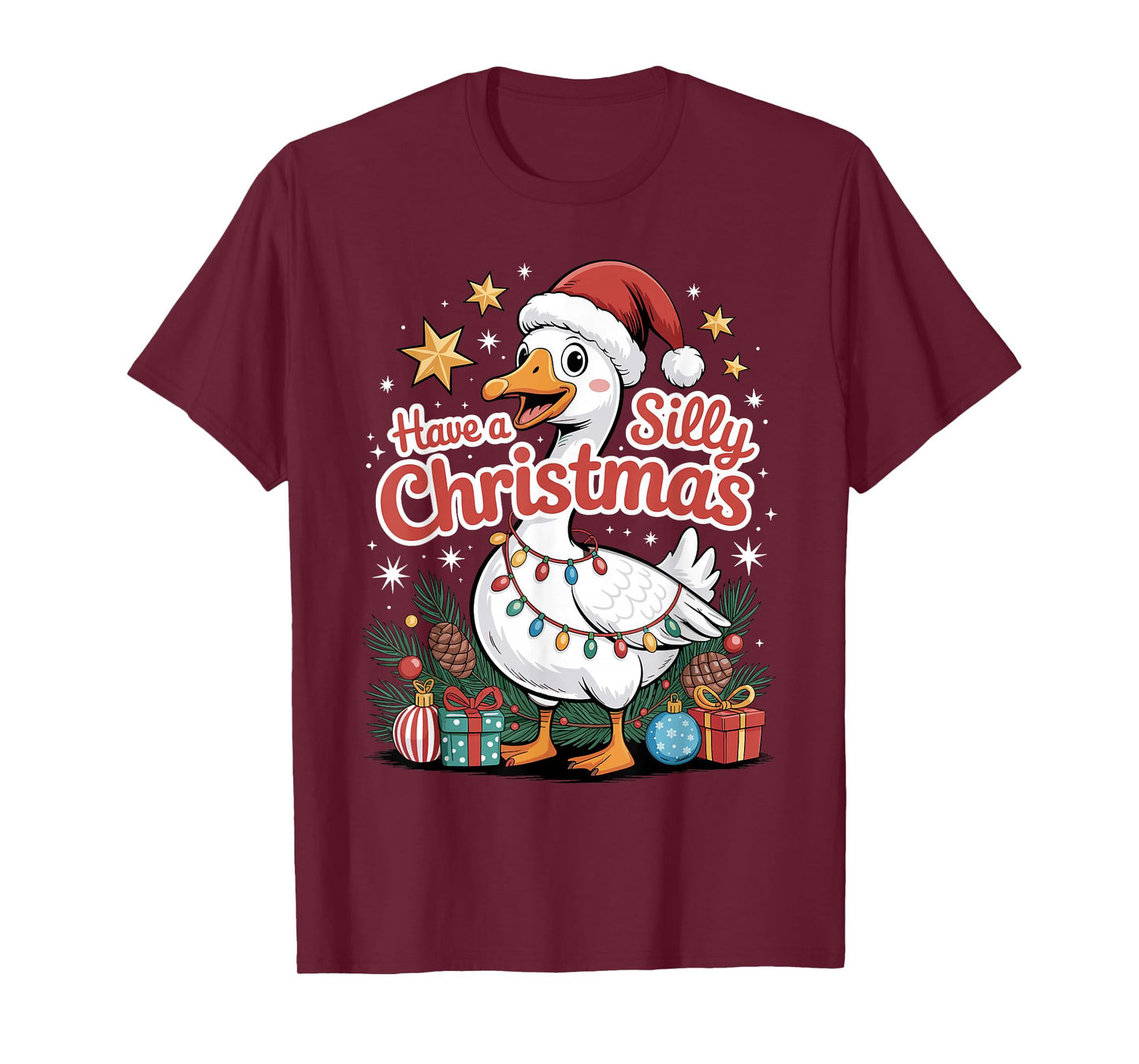 Have A Silly Christmas Funny Goose Santa Hat Lights Stars T-Shirt