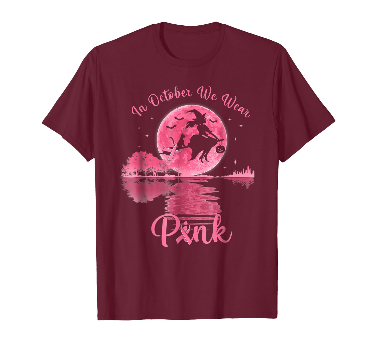 in October We Wear Pink Ribbon Witch Halloween Breast Cancer T-Shirt