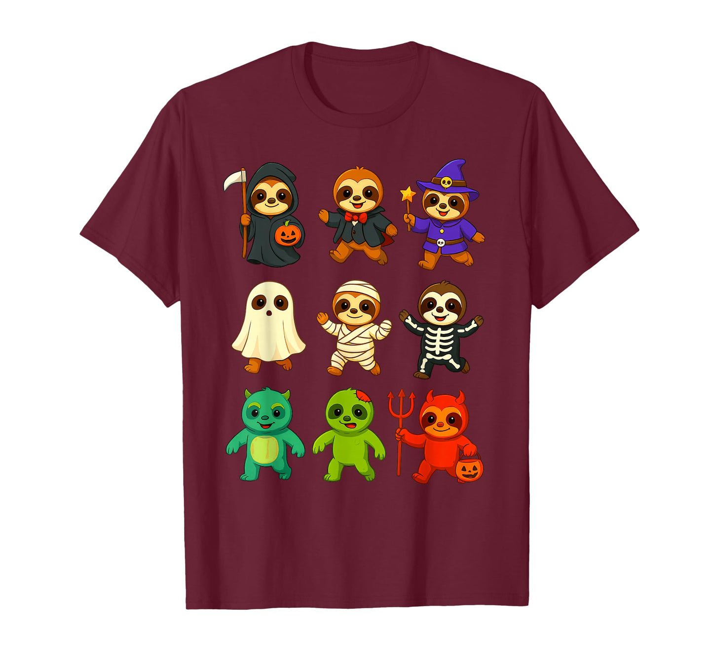 Cute Sloths Witch Pumpkin Skeleton Costume Happy Halloween T-Shirt