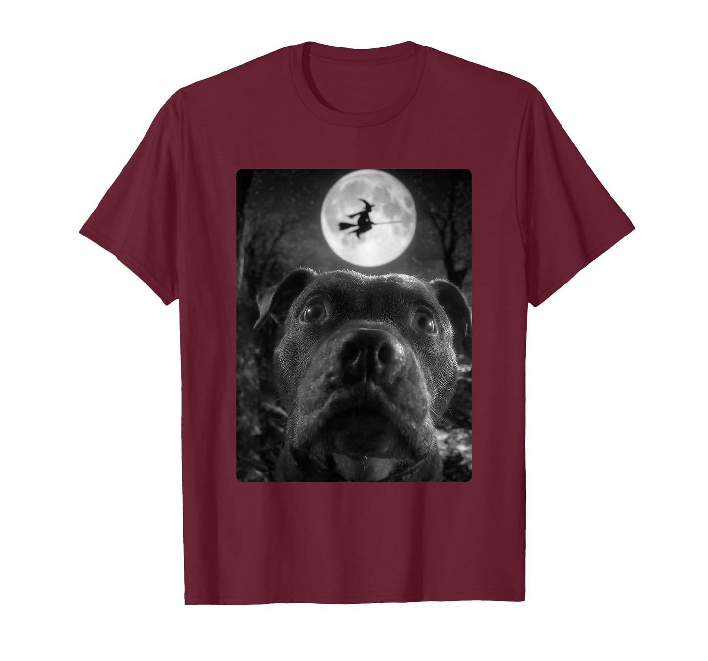 Funny Pit Bull Selfie Full Moon Flying Witch Halloween Dog T-Shirt
