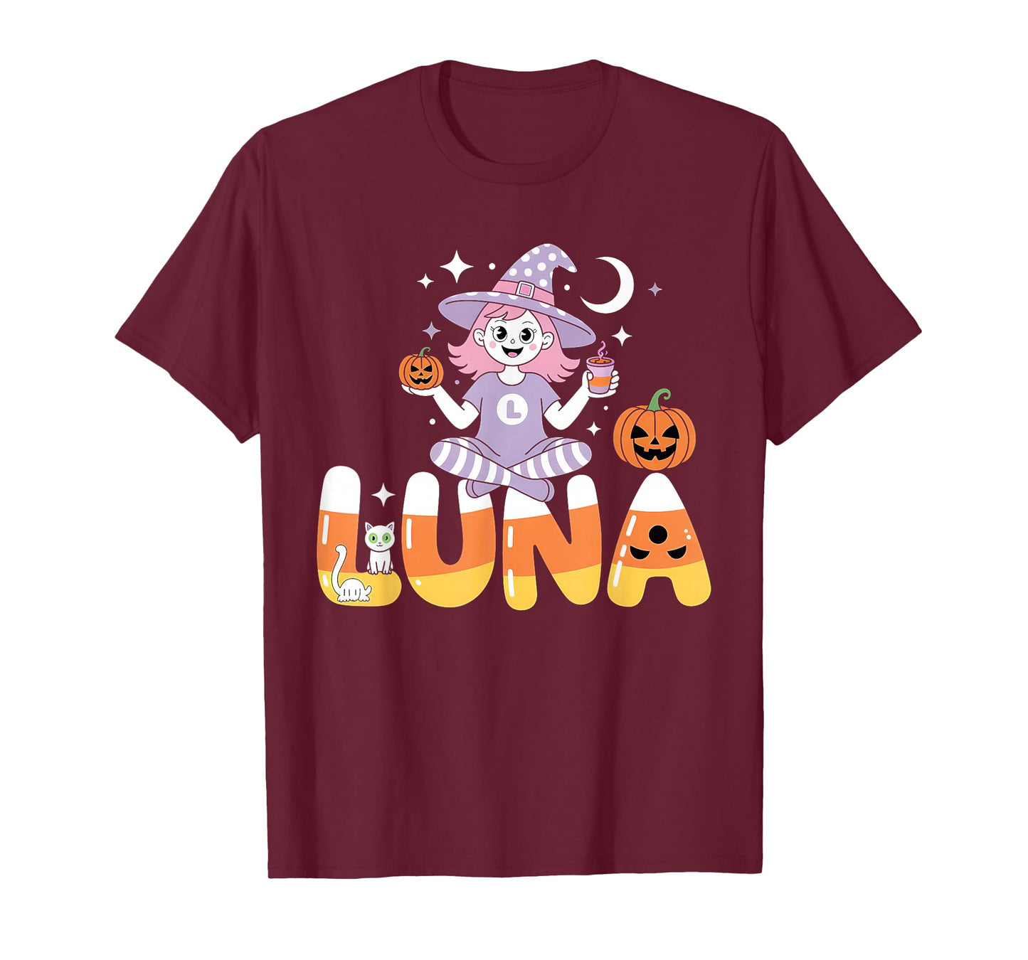 Luna Witch Candy Corn Cat Halloween Women and Girls T-Shirt
