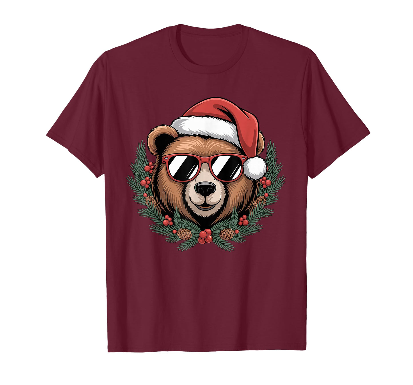 Christmas Bear with Santa Hat and Wreath Sunglasses T-Shirt