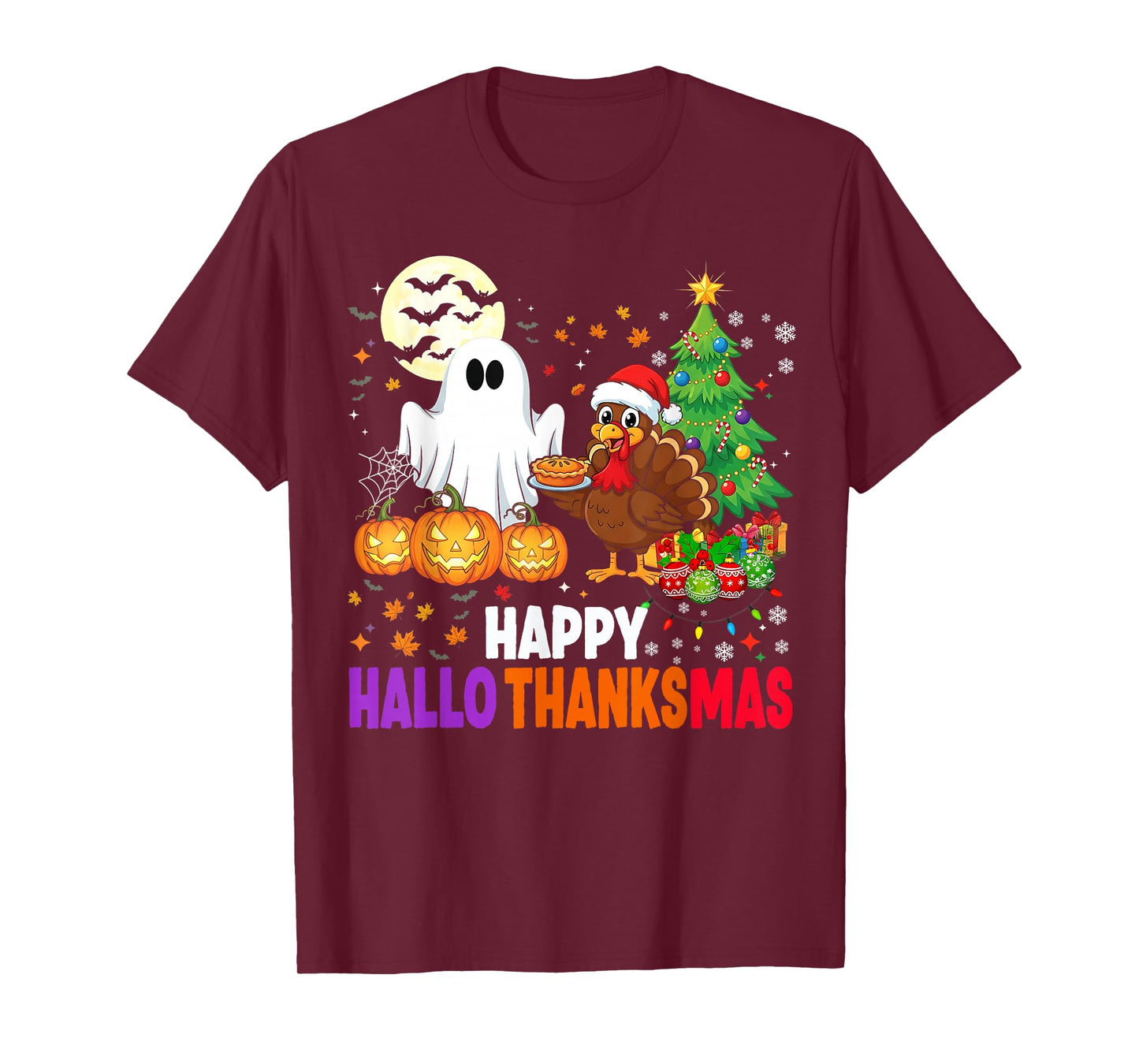 Happy HalloThanksMas Ghost 2025 Funny Halloween Thanksgiving T-Shirt